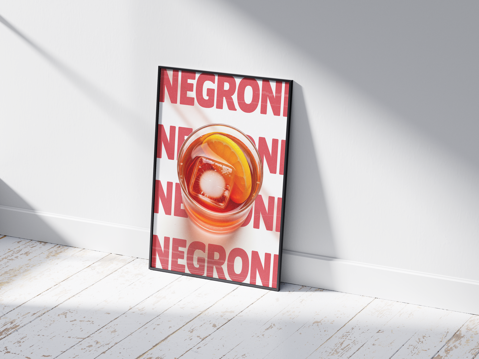 Classic Negroni cocktail poster featuring elegant typography and a bold drink illustration, printed on semi-gloss sustainable paper. Perfect wall art for living rooms, bar areas, or modern interiors with a sophisticated and timeless aesthetic.