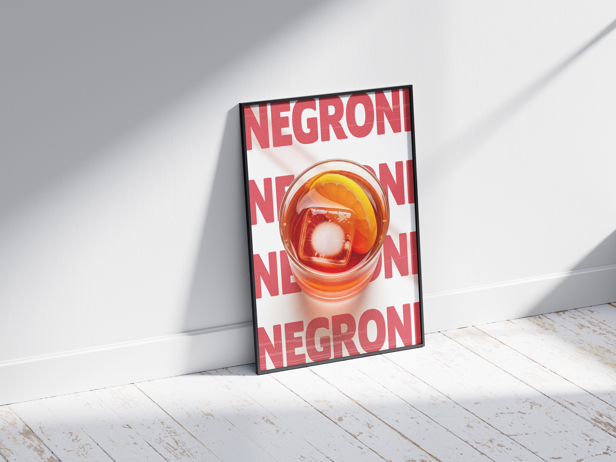 Classic Negroni cocktail poster featuring elegant typography and a bold drink illustration, printed on semi-gloss sustainable paper. Perfect wall art for living rooms, bar areas, or modern interiors with a sophisticated and timeless aesthetic.