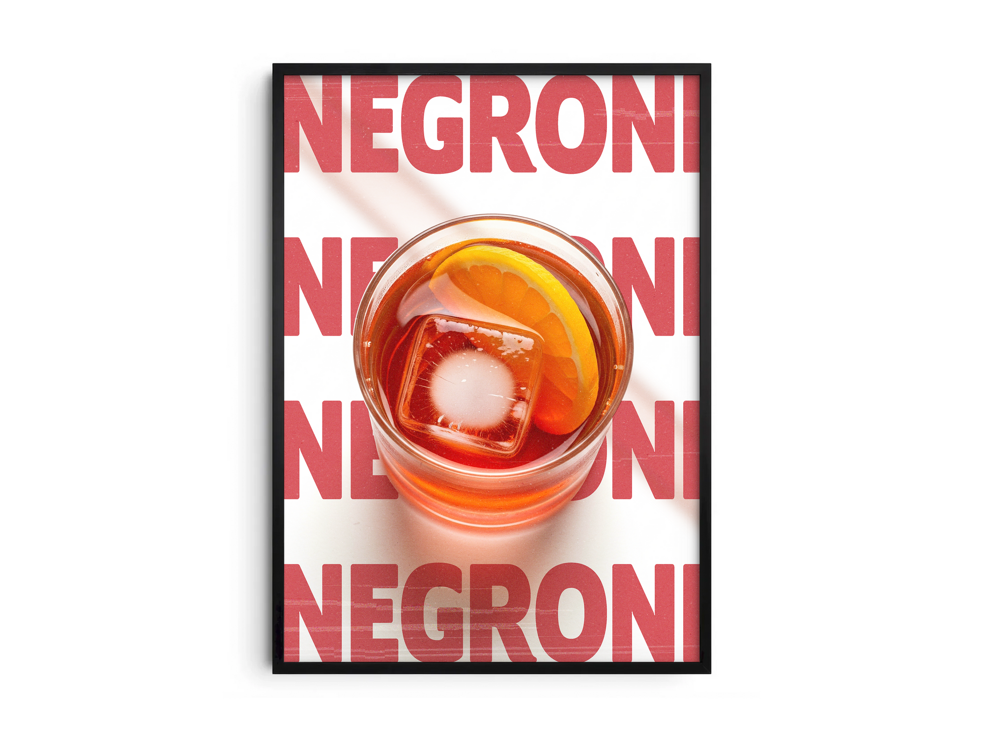 Classic Negroni cocktail poster featuring elegant typography and a bold drink illustration, printed on semi-gloss sustainable paper. Perfect wall art for living rooms, bar areas, or modern interiors with a sophisticated and timeless aesthetic.