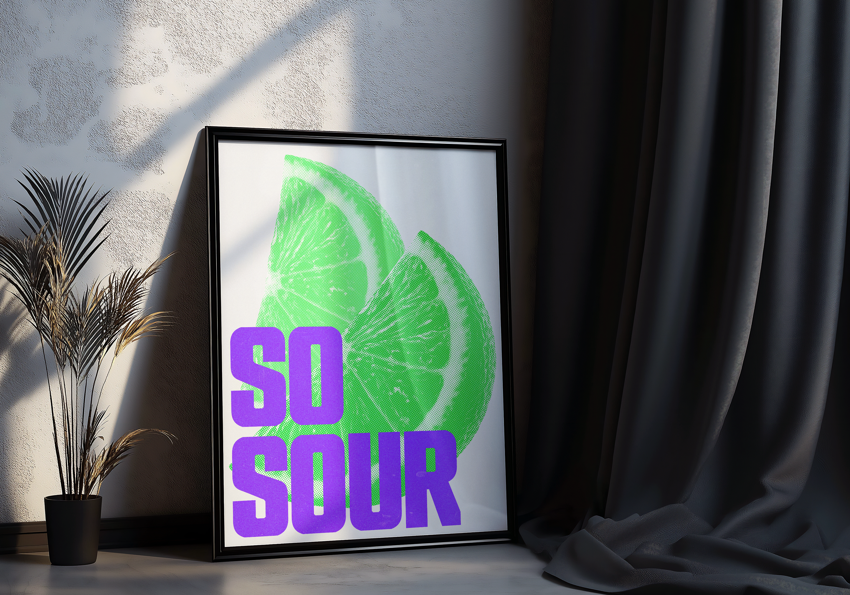 A black-framed poster with a neon green lime illustration and bold purple text "SO SOUR," leaning in a dark bedroom corner next to a dry potted plant and black curtains.