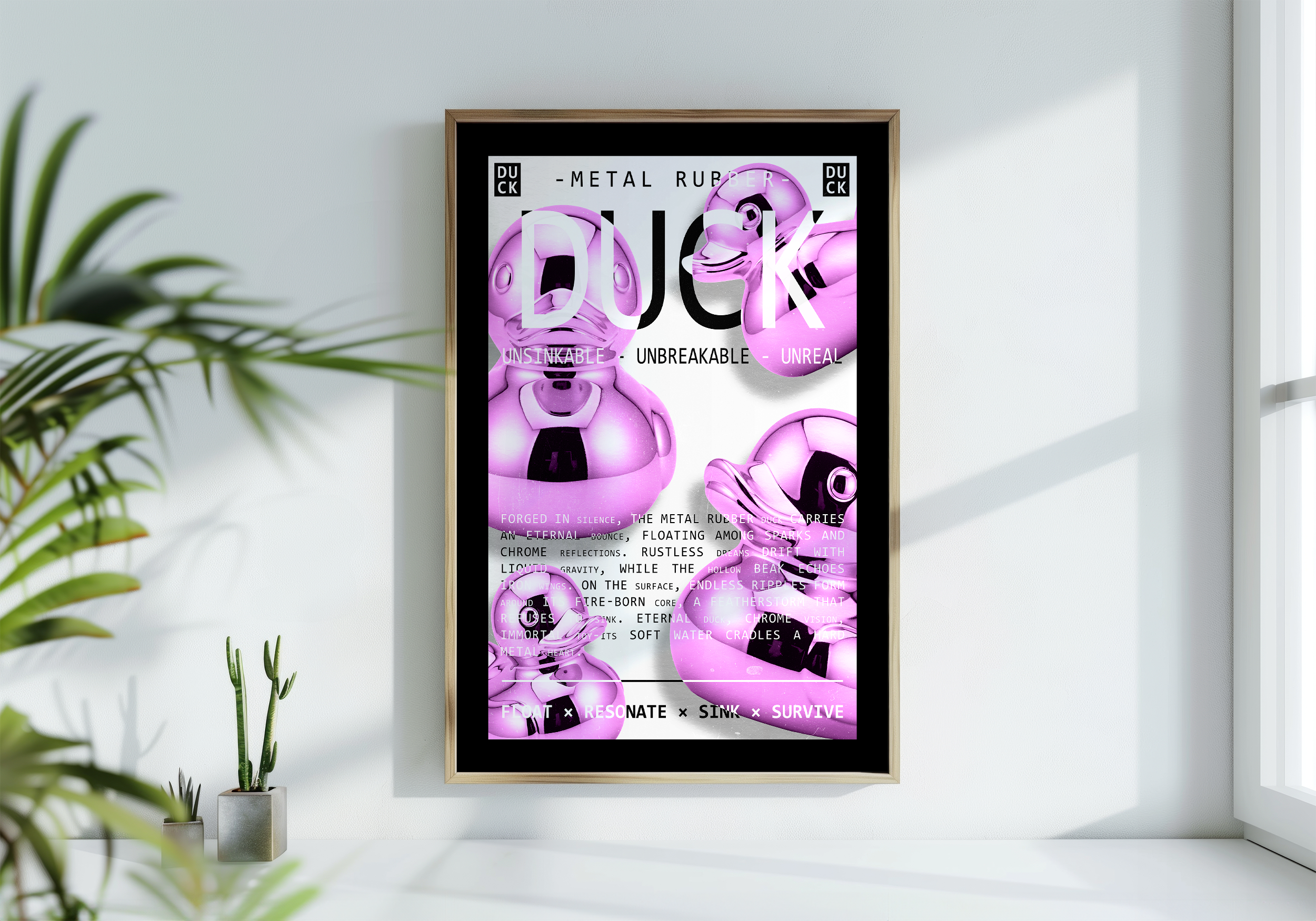 A wood-framed poster featuring multiple 3D-rendered, glossy, pink chrome rubber ducks with overlapping text like "DUCK" and descriptive words, standing in a bright room next to a window with a small potted cactus and blurry foreground plants.