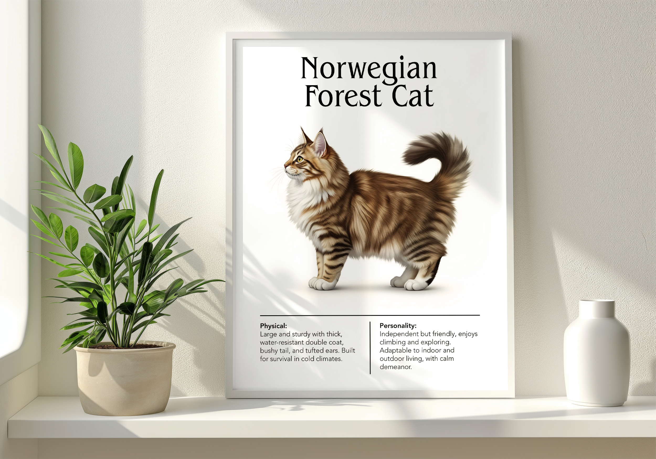 A white-framed poster of a fluffy brown and white Norwegian Forest Cat, displayed on a white shelf next to a potted green plant in a brightly lit window setting.