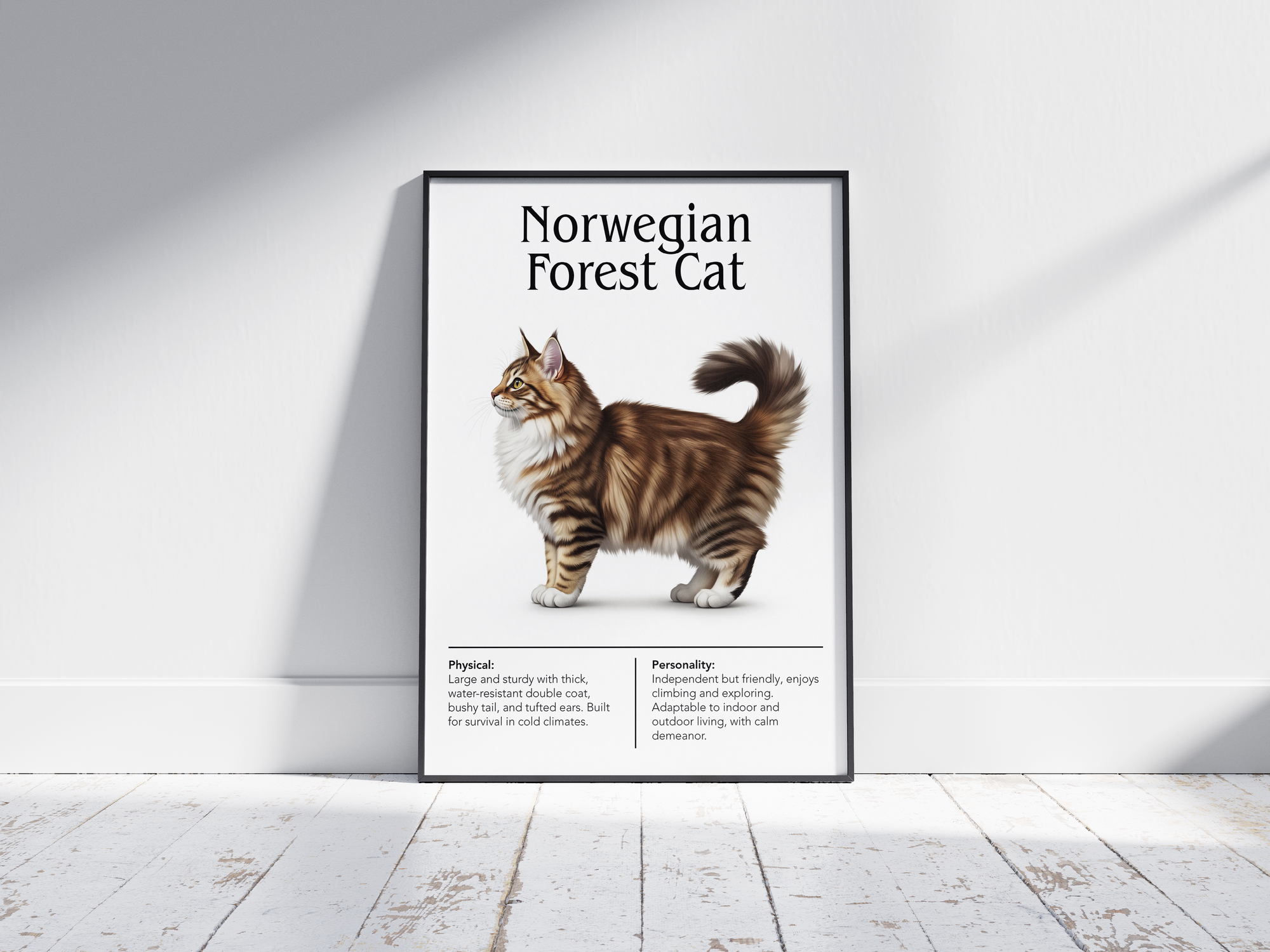 Majestic Norwegian Forest Cat breed poster featuring a detailed illustration of its lush coat and bushy tail, printed on semi-gloss sustainable paper. Perfect wall art for cozy living rooms, studies, or natural-themed interiors with a rustic and adventurous aesthetic.