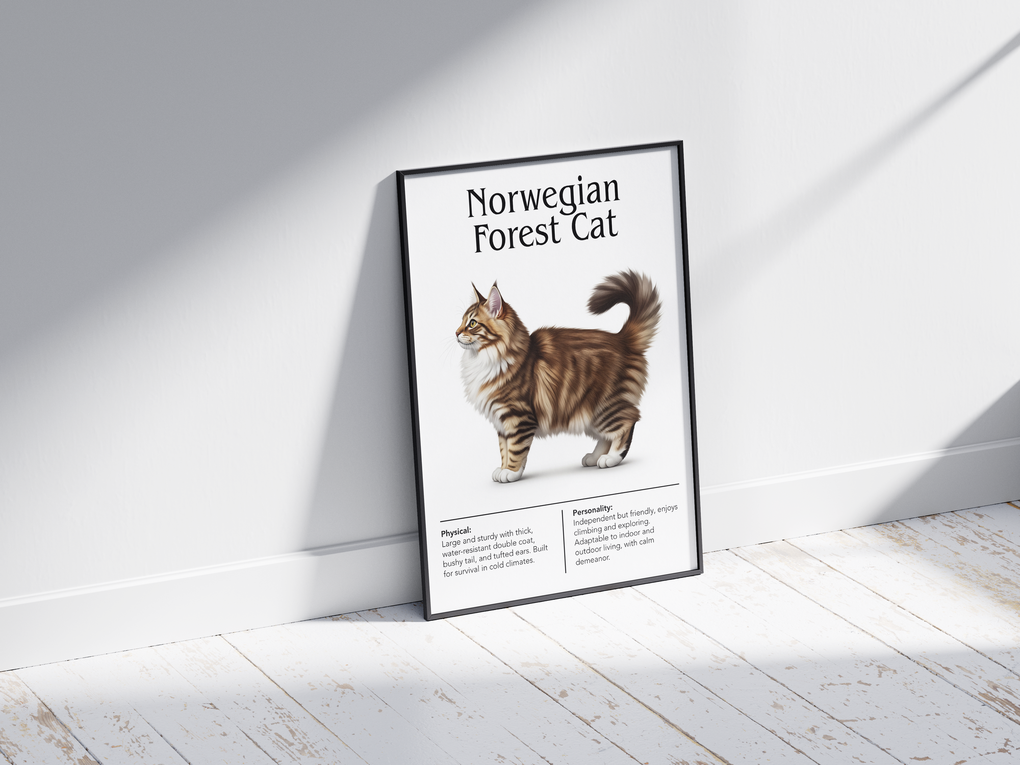 Majestic Norwegian Forest Cat breed poster featuring a detailed illustration of its lush coat and bushy tail, printed on semi-gloss sustainable paper. Perfect wall art for cozy living rooms, studies, or natural-themed interiors with a rustic and adventurous aesthetic.