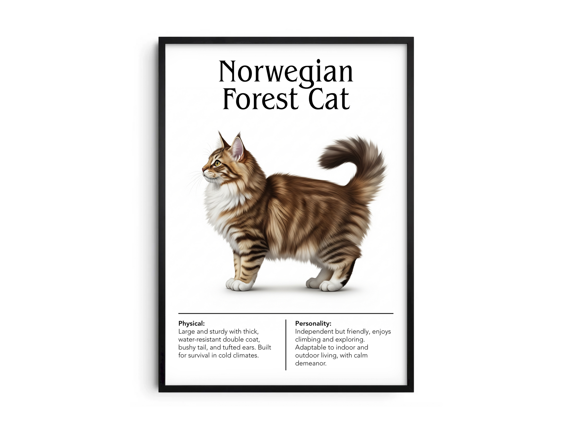 Majestic Norwegian Forest Cat breed poster featuring a detailed illustration of its lush coat and bushy tail, printed on semi-gloss sustainable paper. Perfect wall art for cozy living rooms, studies, or natural-themed interiors with a rustic and adventurous aesthetic.