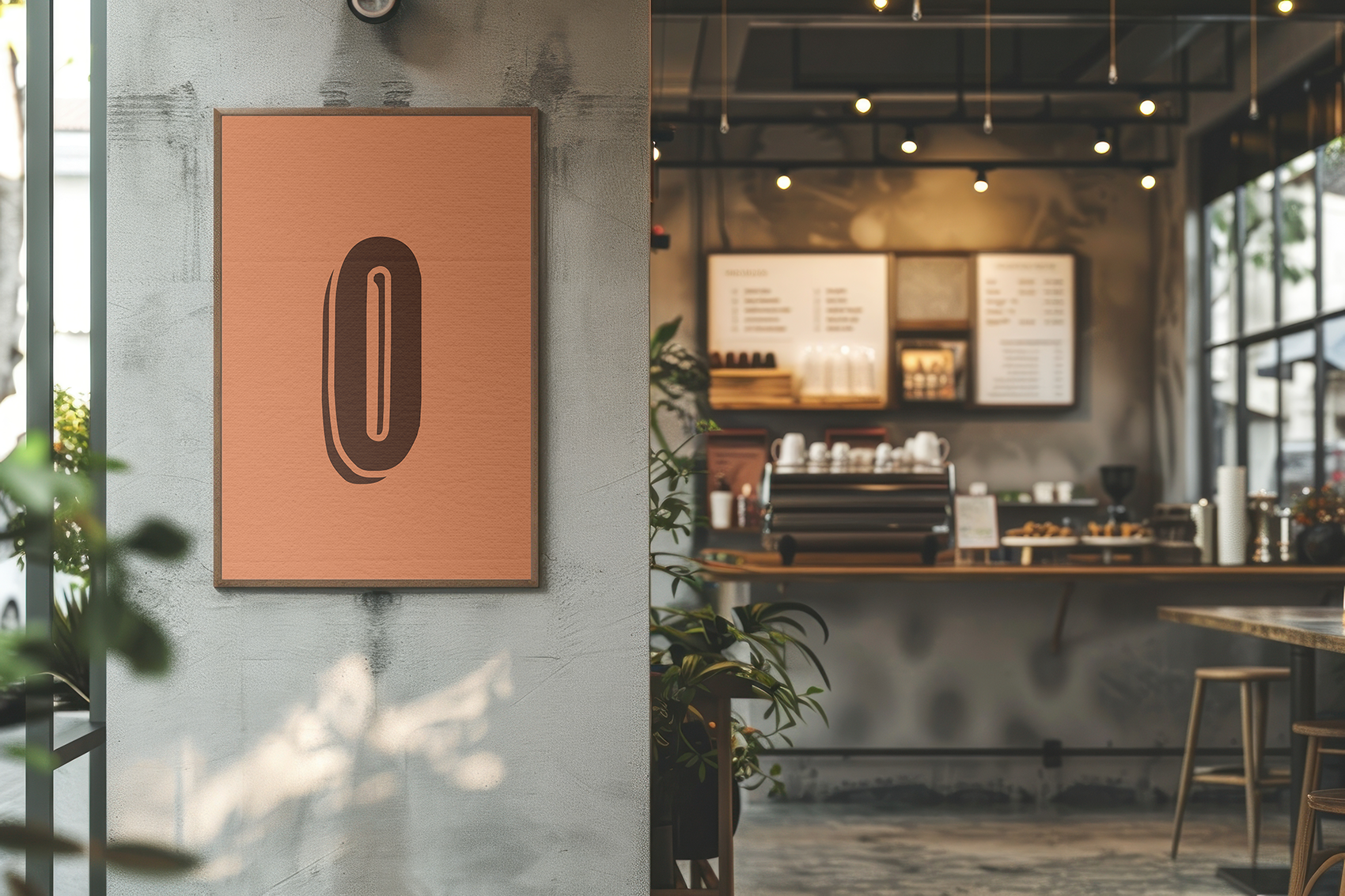 A framed poster with a large, dark brown '0' on a muted orange-brown background, hanging on a textured grey wall. The background shows a dimly lit, rustic coffee shop interior.