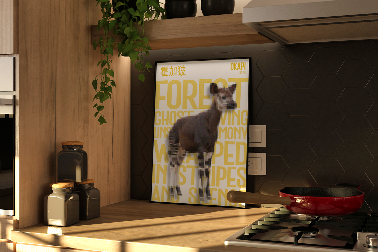 A framed poster of an Okapi, featuring a pixelated illustration and large yellow text that reads "FOREST GHOST MOVING IN HARMONY STRIPES AND SHADOWS." The poster is displayed on a wooden countertop in a modern kitchen with a dark, hexagonal tiled backsplash and a red frying pan on the hob.