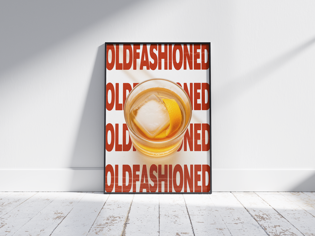 Classic Old Fashioned cocktail poster featuring elegant typography and a rich drink illustration, printed on semi-gloss sustainable paper. Perfect wall art for living rooms, bar areas, or traditional interiors with a sophisticated and timeless aesthetic.