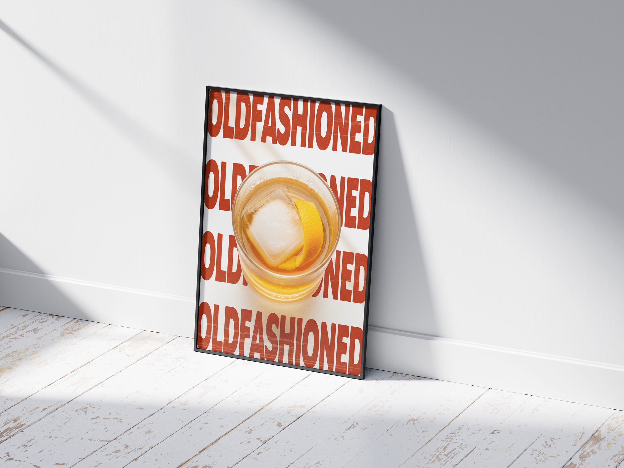 Classic Old Fashioned cocktail poster featuring elegant typography and a rich drink illustration, printed on semi-gloss sustainable paper. Perfect wall art for living rooms, bar areas, or traditional interiors with a sophisticated and timeless aesthetic.