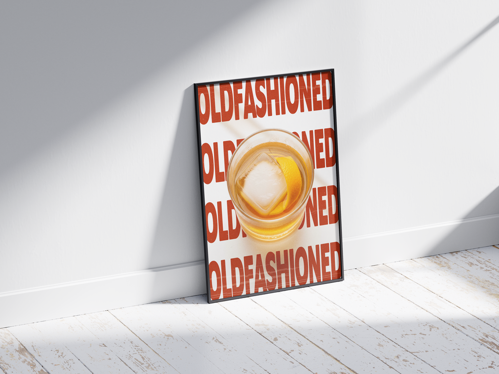 Classic Old Fashioned cocktail poster featuring elegant typography and a rich drink illustration, printed on semi-gloss sustainable paper. Perfect wall art for living rooms, bar areas, or traditional interiors with a sophisticated and timeless aesthetic.