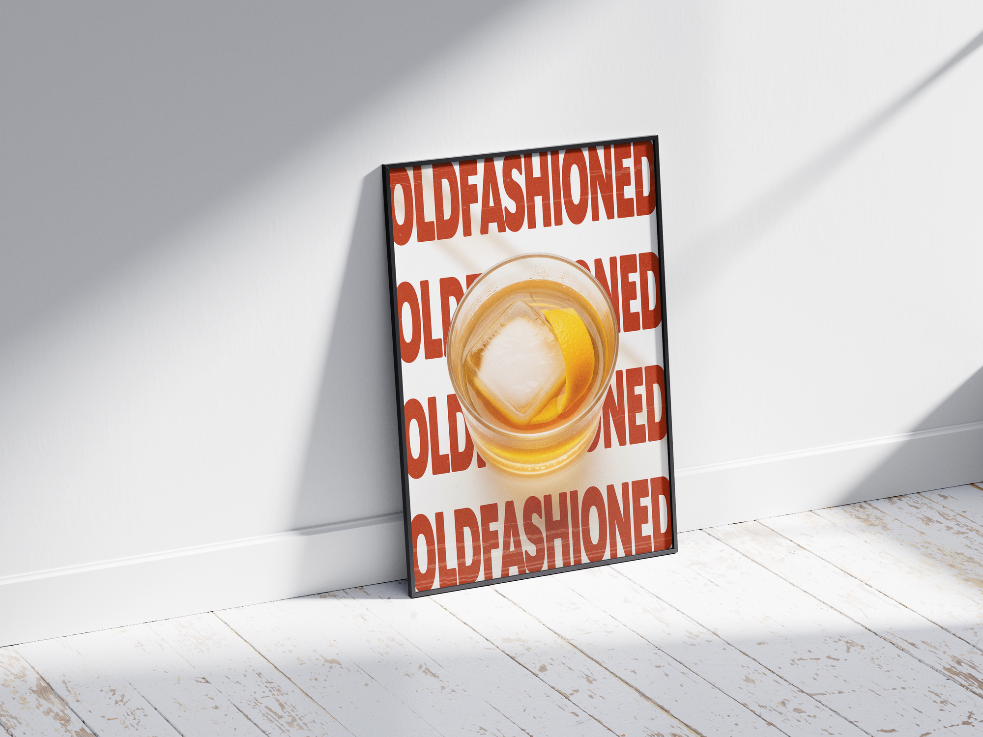 Classic Old Fashioned cocktail poster featuring elegant typography and a rich drink illustration, printed on semi-gloss sustainable paper. Perfect wall art for living rooms, bar areas, or traditional interiors with a sophisticated and timeless aesthetic.