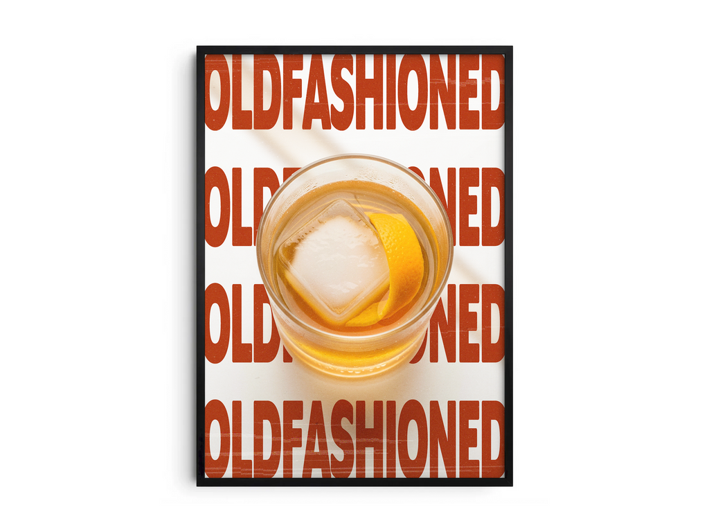 Classic Old Fashioned cocktail poster featuring elegant typography and a rich drink illustration, printed on semi-gloss sustainable paper. Perfect wall art for living rooms, bar areas, or traditional interiors with a sophisticated and timeless aesthetic.
