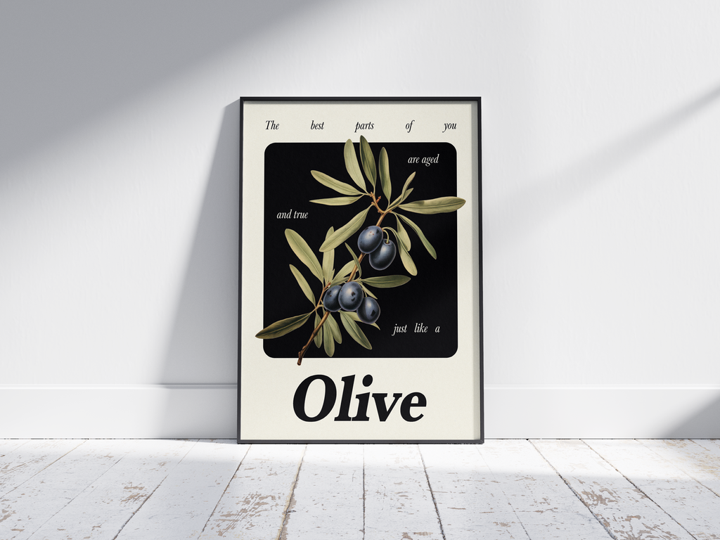 Minimalist botanical olive poster featuring a detailed fruit illustration and an inspiring quote, printed on semi-gloss sustainable paper. Perfect wall art for kitchens, dining areas, or modern interiors with a rustic and timeless aesthetic.