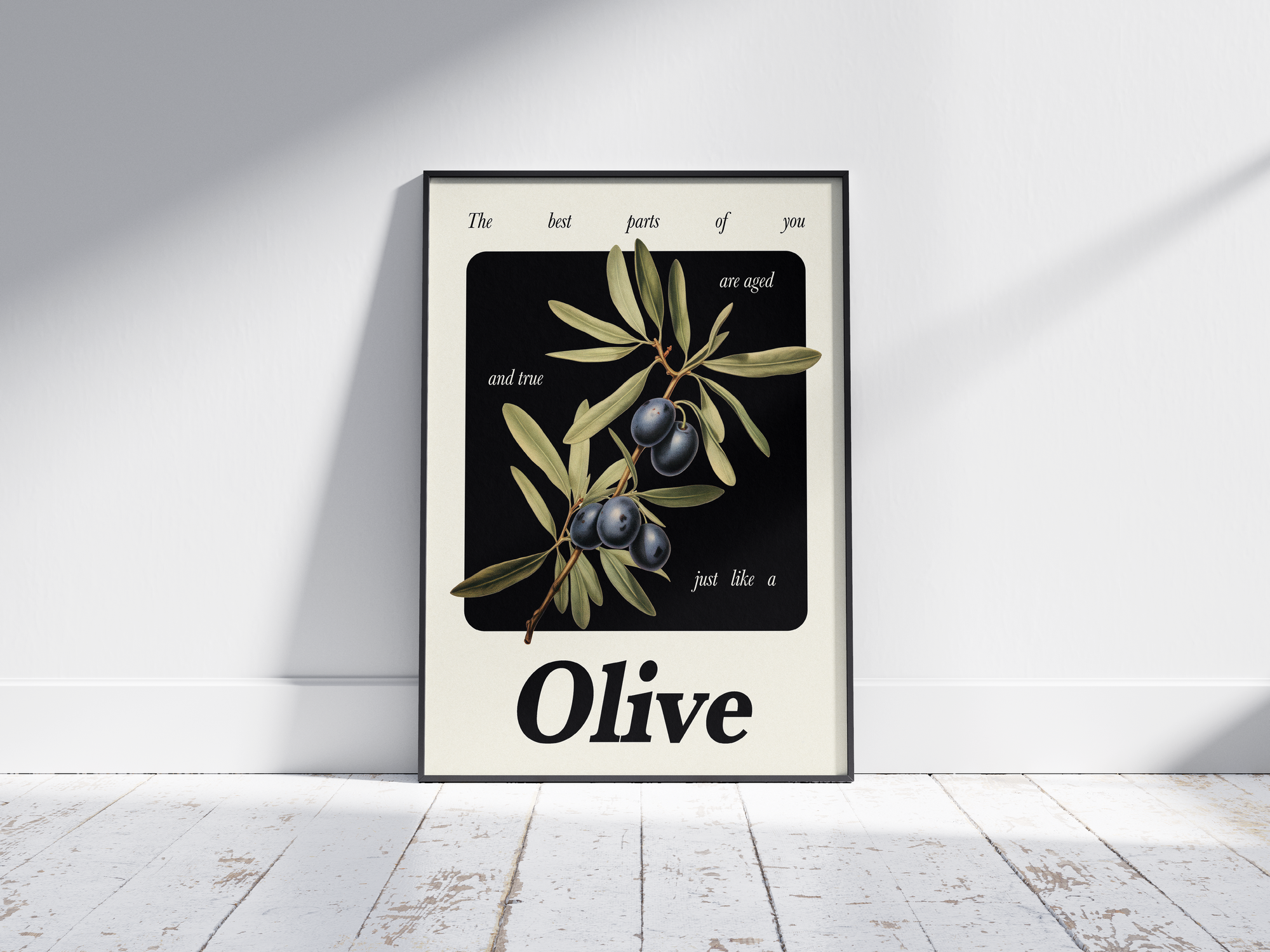 Minimalist botanical olive poster featuring a detailed fruit illustration and an inspiring quote, printed on semi-gloss sustainable paper. Perfect wall art for kitchens, dining areas, or modern interiors with a rustic and timeless aesthetic.