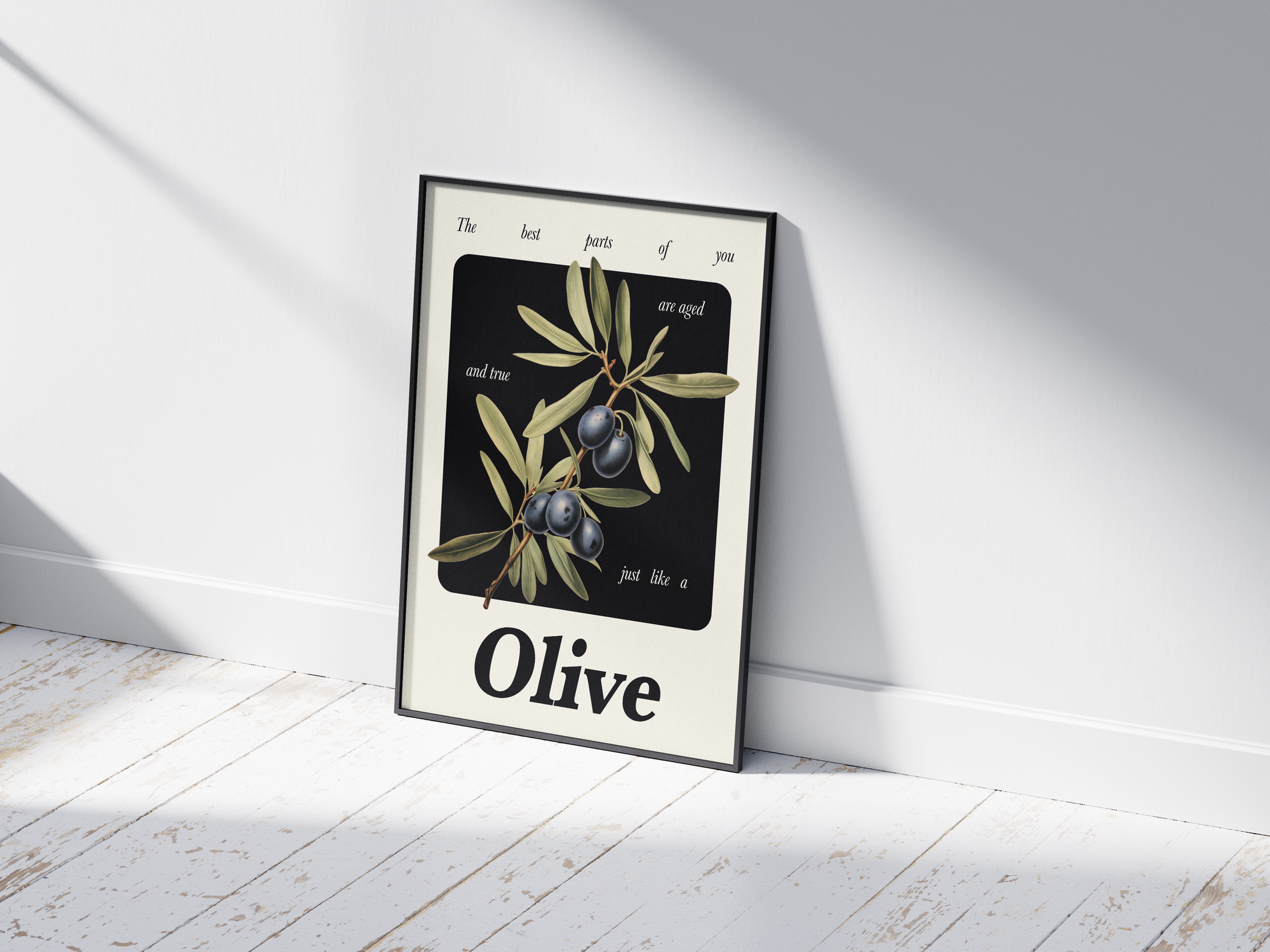 Minimalist botanical olive poster featuring a detailed fruit illustration and an inspiring quote, printed on semi-gloss sustainable paper. Perfect wall art for kitchens, dining areas, or modern interiors with a rustic and timeless aesthetic.