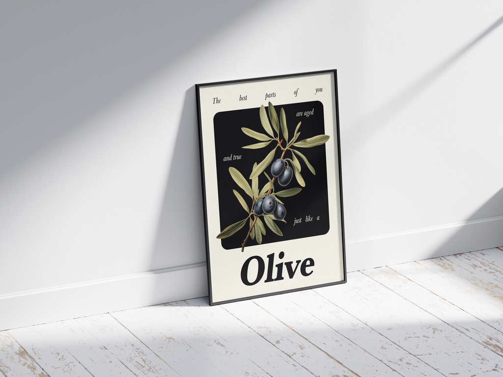 Minimalist botanical olive poster featuring a detailed fruit illustration and an inspiring quote, printed on semi-gloss sustainable paper. Perfect wall art for kitchens, dining areas, or modern interiors with a rustic and timeless aesthetic.