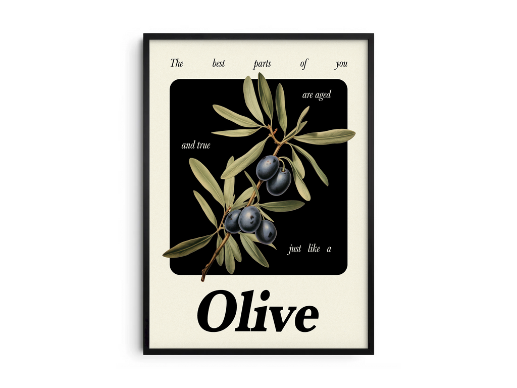 Minimalist botanical olive poster featuring a detailed fruit illustration and an inspiring quote, printed on semi-gloss sustainable paper. Perfect wall art for kitchens, dining areas, or modern interiors with a rustic and timeless aesthetic.