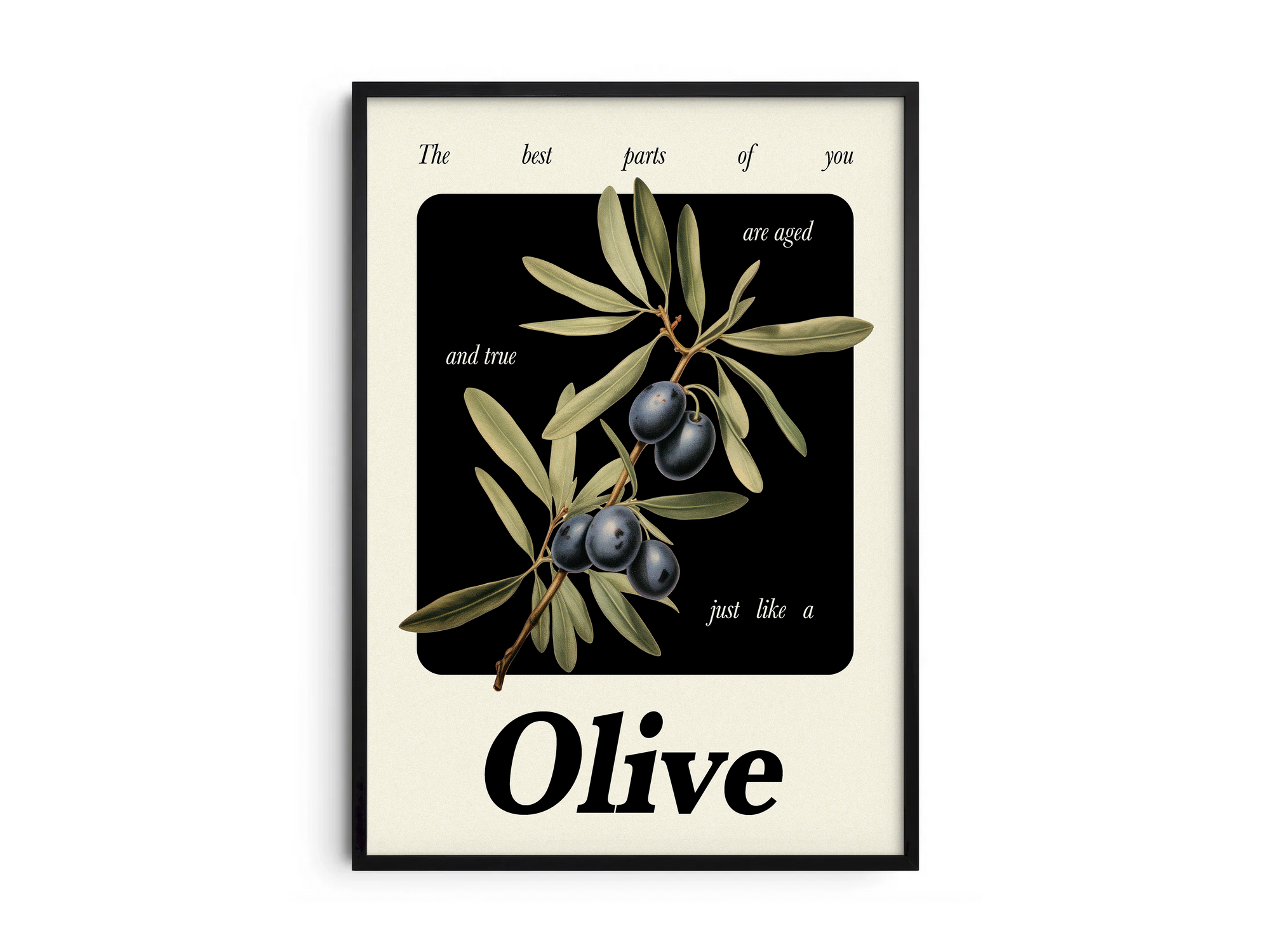 Minimalist botanical olive poster featuring a detailed fruit illustration and an inspiring quote, printed on semi-gloss sustainable paper. Perfect wall art for kitchens, dining areas, or modern interiors with a rustic and timeless aesthetic.