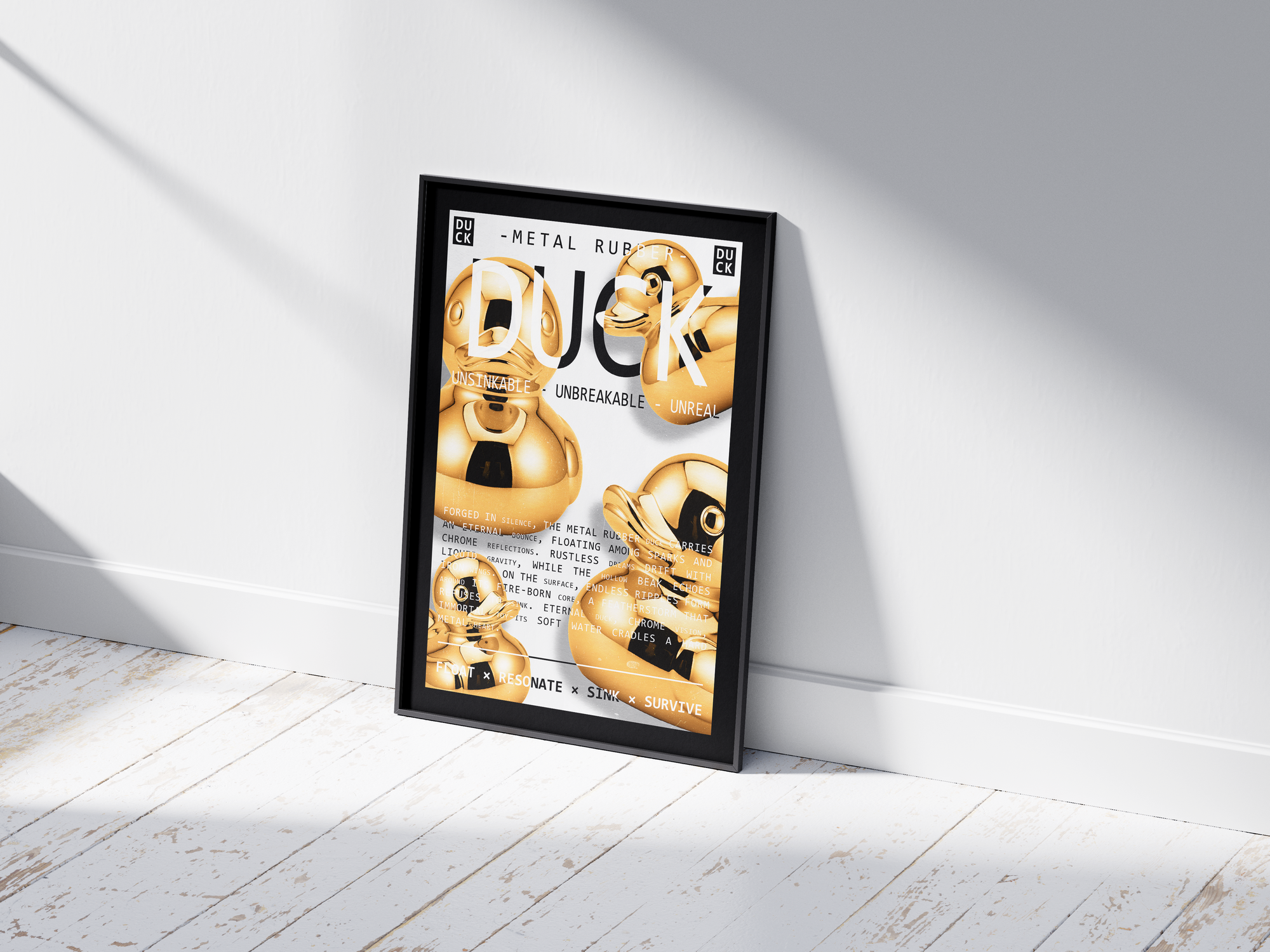 Vibrant metallic rubber duck poster featuring a glossy and reflective illustration in various colors. This modern pop art print is perfect for adding a bold and playful statement to living rooms, offices, or minimalist interiors.