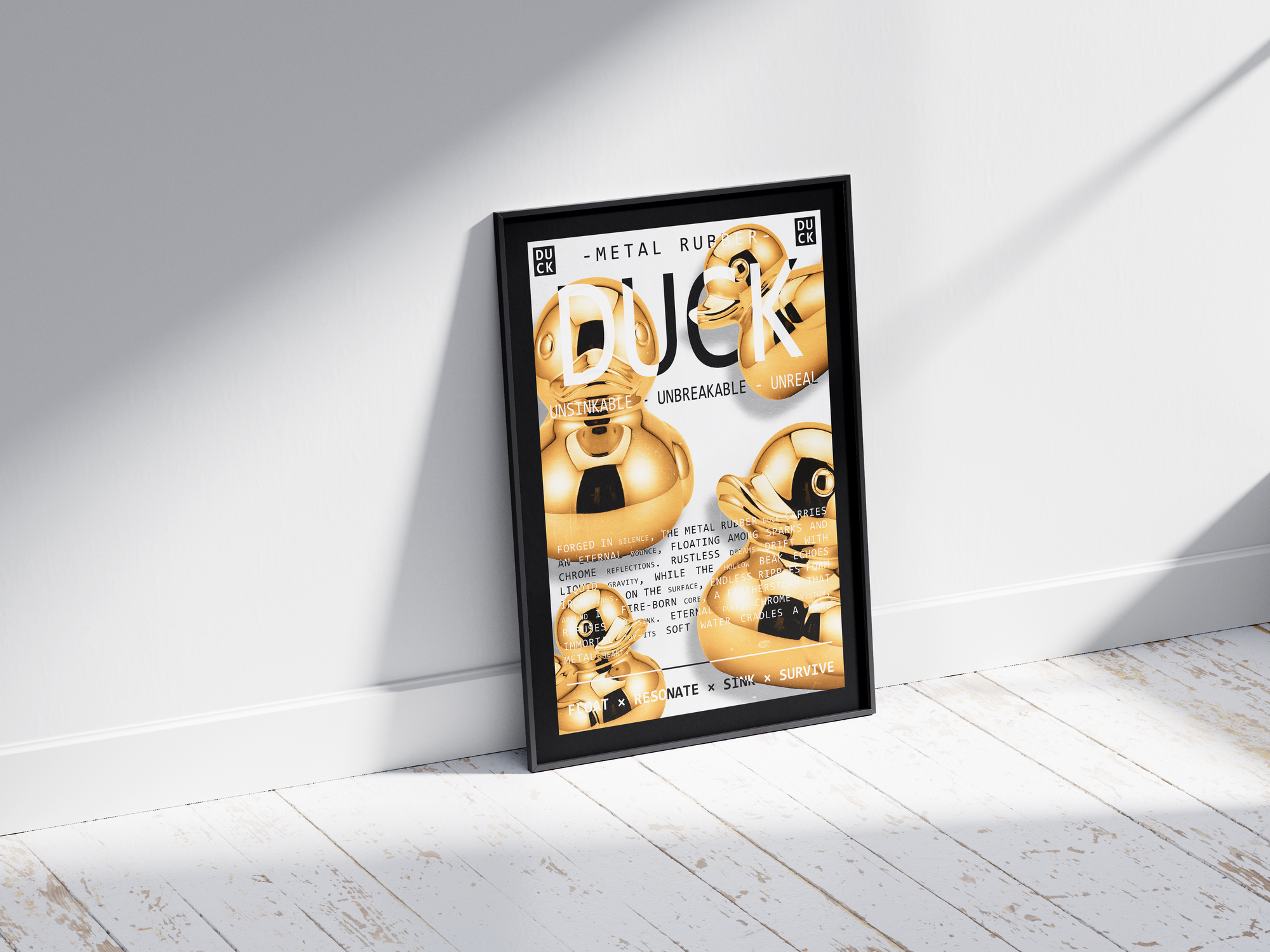 Vibrant metallic rubber duck poster featuring a glossy and reflective illustration in various colors. This modern pop art print is perfect for adding a bold and playful statement to living rooms, offices, or minimalist interiors.