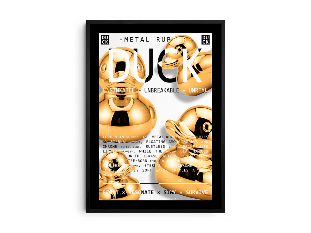 Vibrant metallic rubber duck poster featuring a glossy and reflective illustration in various colors. This modern pop art print is perfect for adding a bold and playful statement to living rooms, offices, or minimalist interiors.