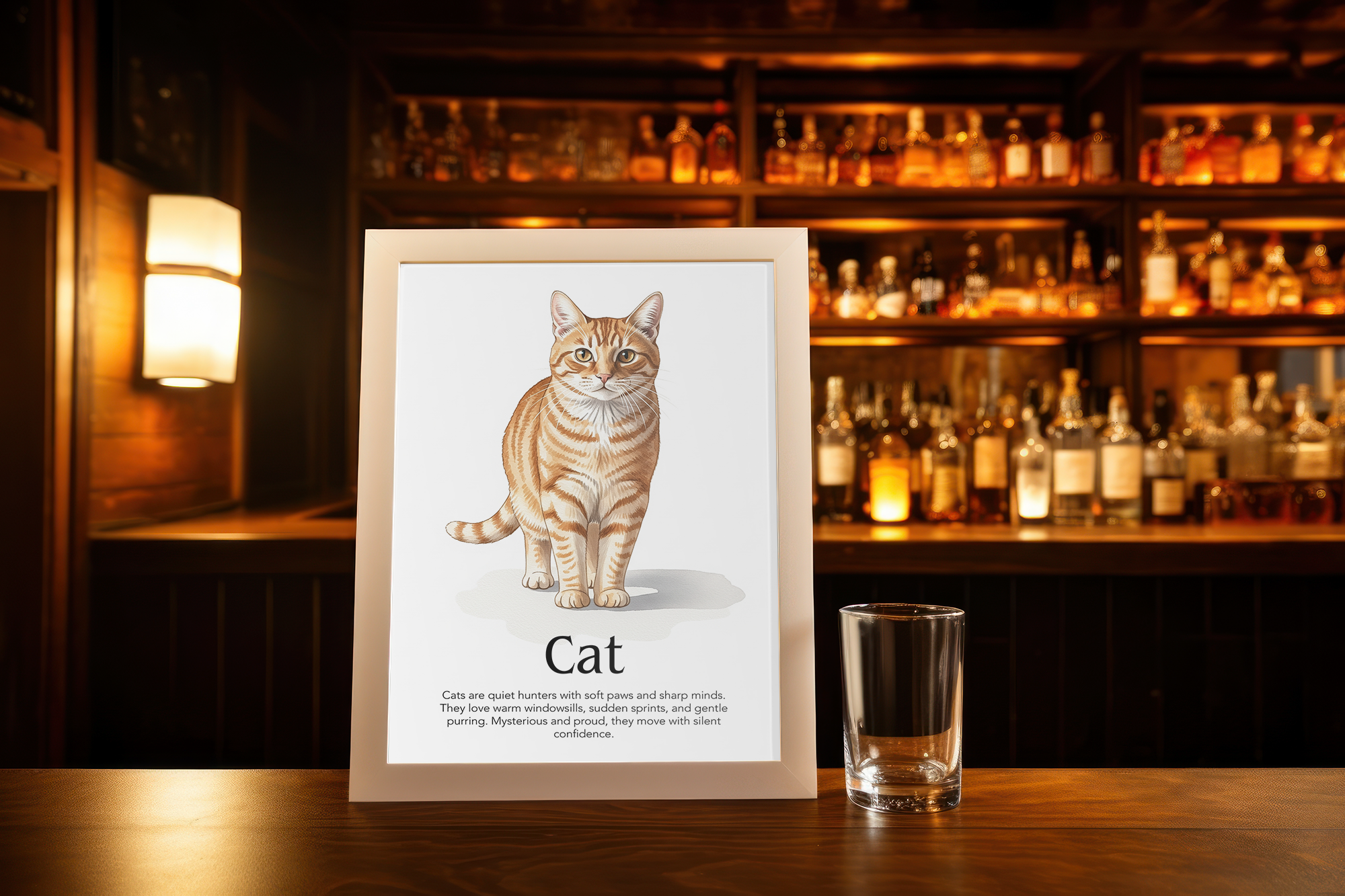 A framed art print of a detailed illustration of an orange tabby cat standing, with the word "Cat" below and a short description, placed on a dark wooden bar counter in a dimly lit setting with a fully stocked liquor shelf in the background.