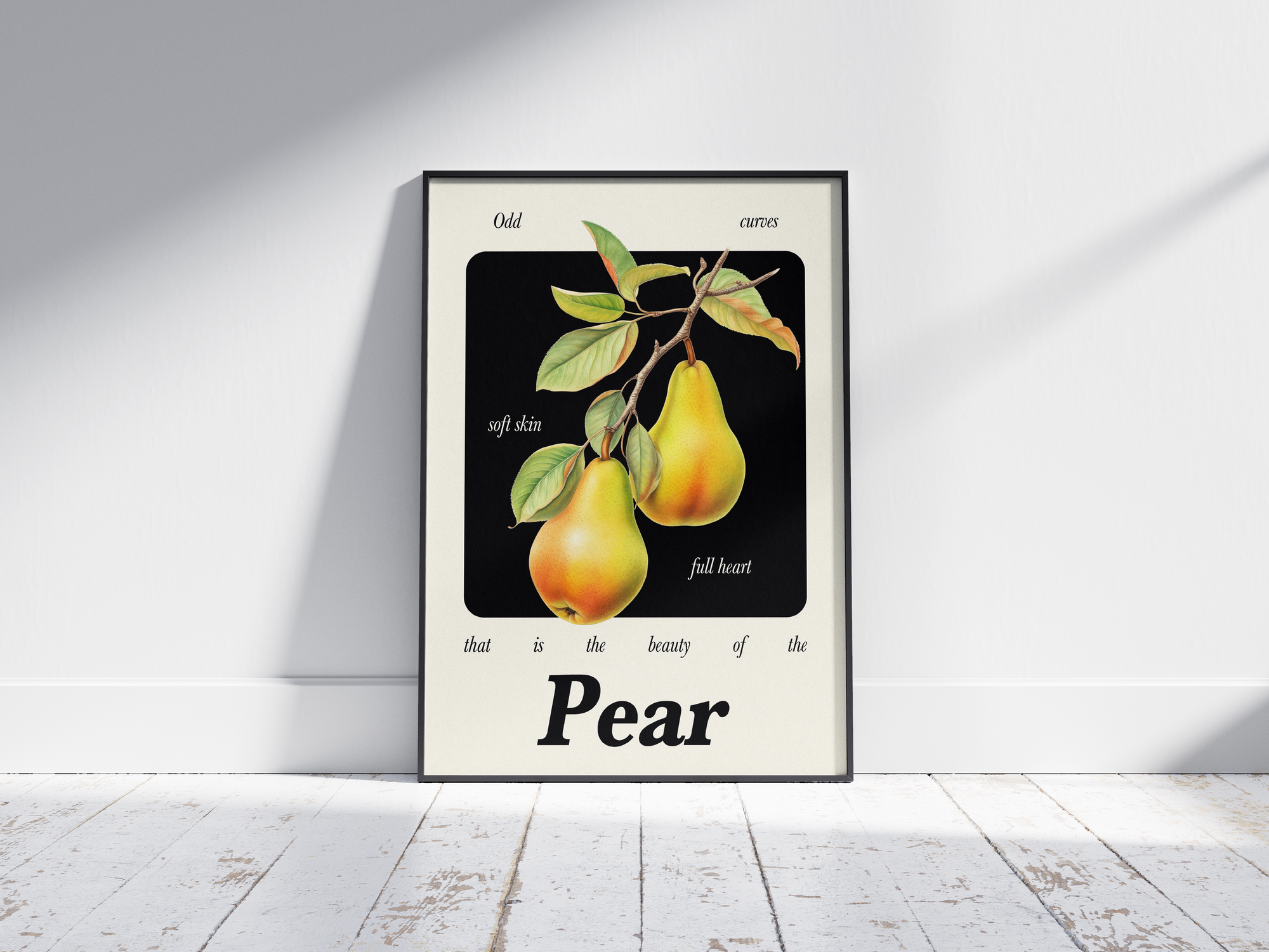 Minimalist botanical pear poster featuring a detailed fruit illustration and an inspiring quote, printed on semi-gloss sustainable paper. Perfect wall art for kitchens, dining areas, or modern interiors with a calm and natural aesthetic.
