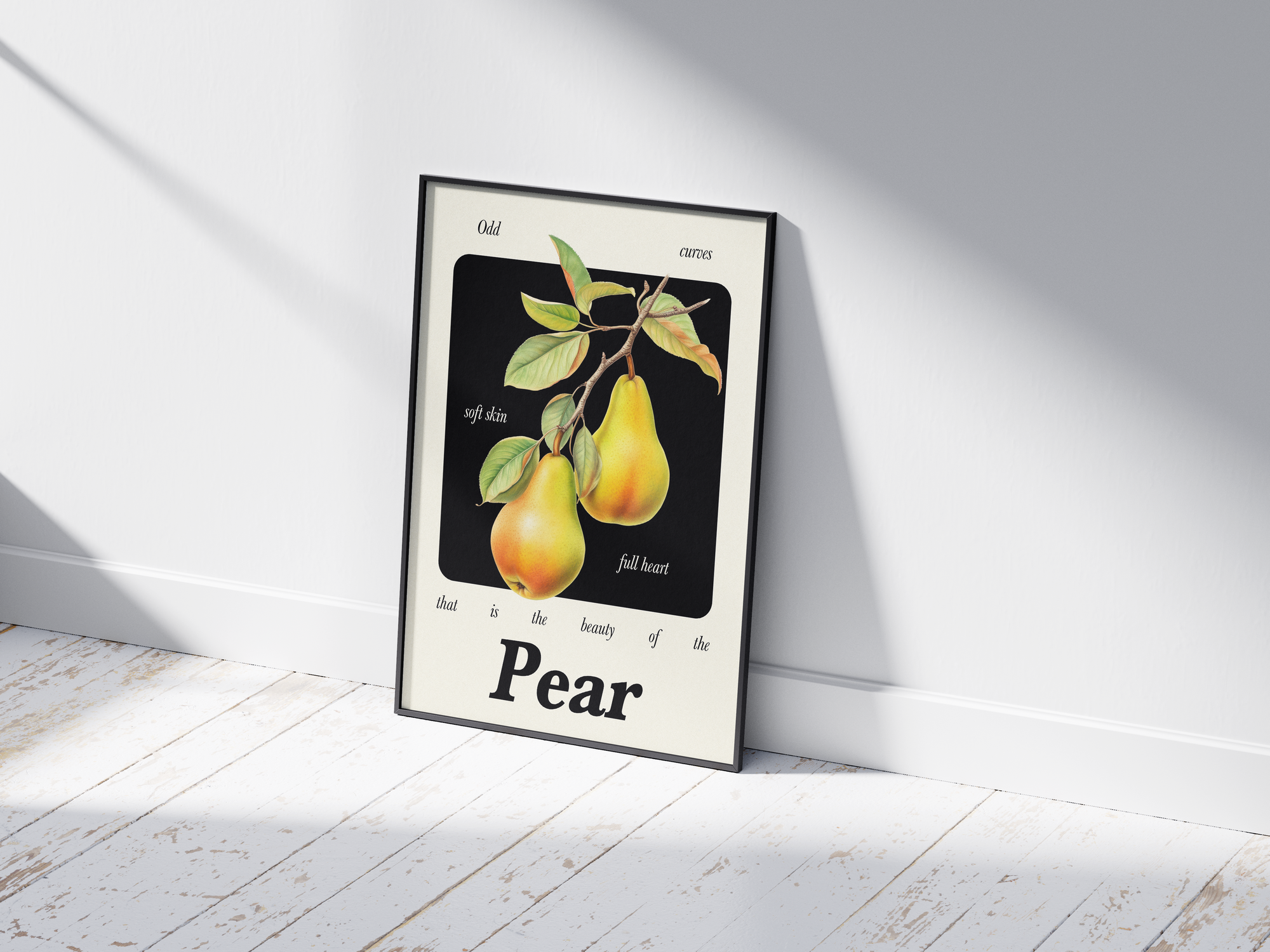Minimalist botanical pear poster featuring a detailed fruit illustration and an inspiring quote, printed on semi-gloss sustainable paper. Perfect wall art for kitchens, dining areas, or modern interiors with a calm and natural aesthetic.