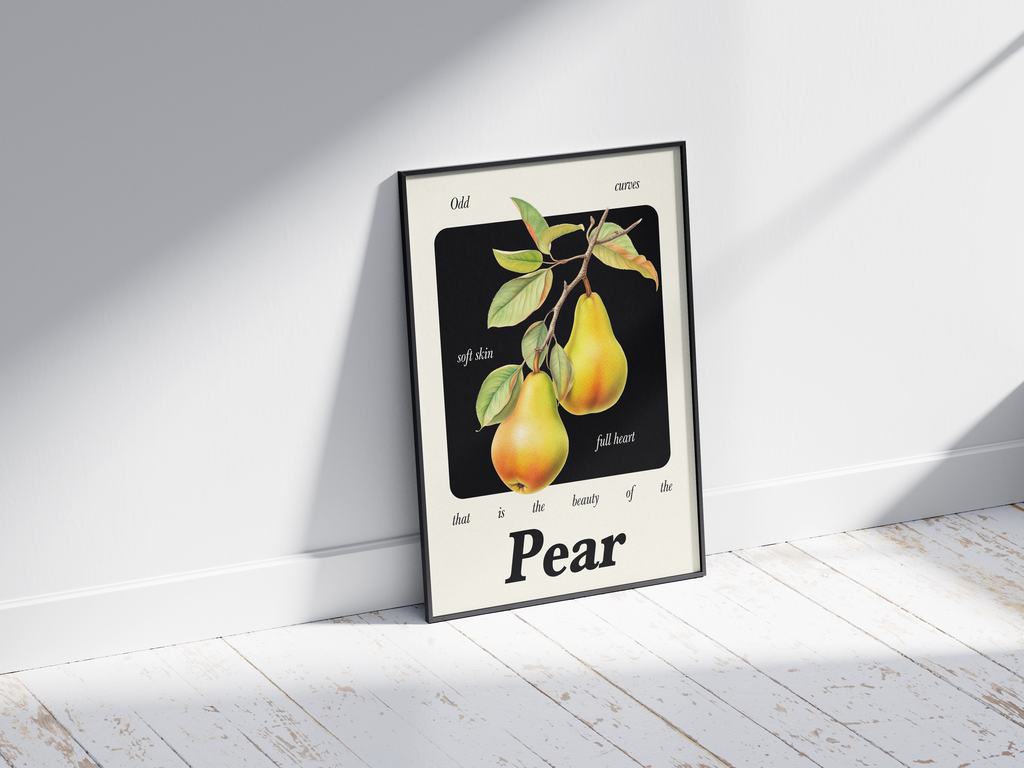 Minimalist botanical pear poster featuring a detailed fruit illustration and an inspiring quote, printed on semi-gloss sustainable paper. Perfect wall art for kitchens, dining areas, or modern interiors with a calm and natural aesthetic.