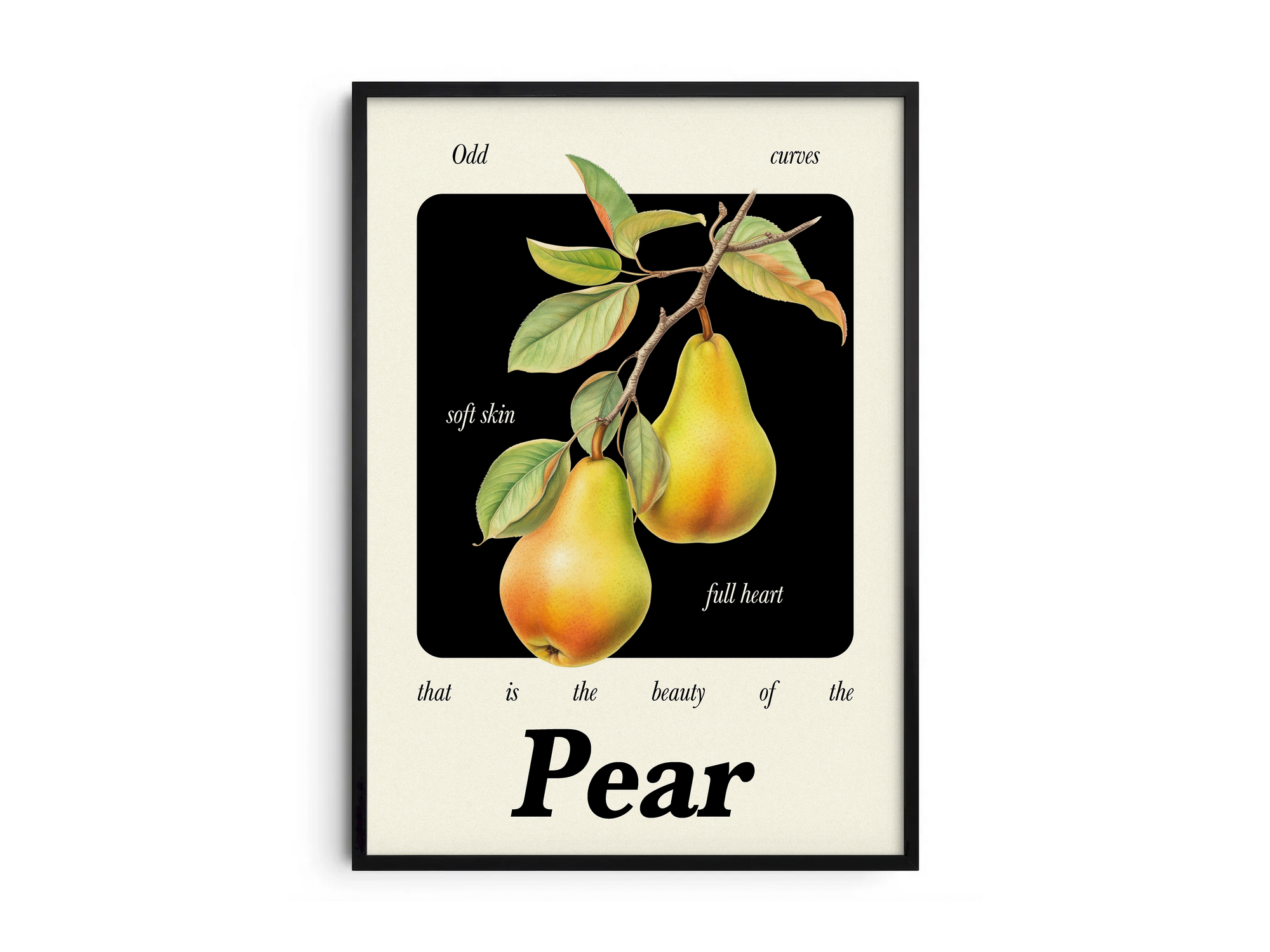 Minimalist botanical pear poster featuring a detailed fruit illustration and an inspiring quote, printed on semi-gloss sustainable paper. Perfect wall art for kitchens, dining areas, or modern interiors with a calm and natural aesthetic.