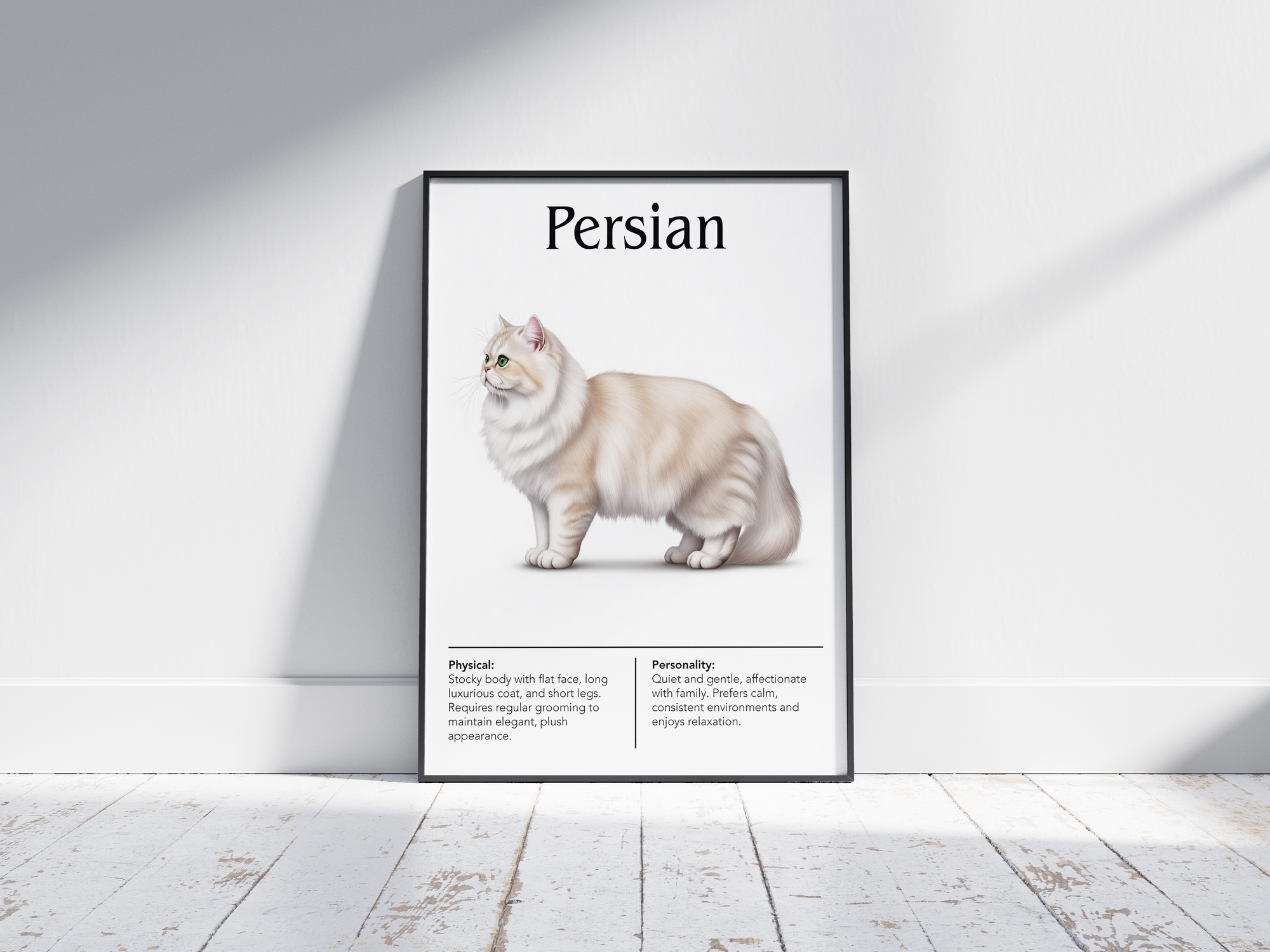 Luxurious Persian cat breed poster featuring a detailed illustration of its long, flowing coat and distinctive flat face, printed on semi-gloss sustainable paper. Perfect wall art for elegant living rooms, studies, or sophisticated interiors with a classic and serene aesthetic.