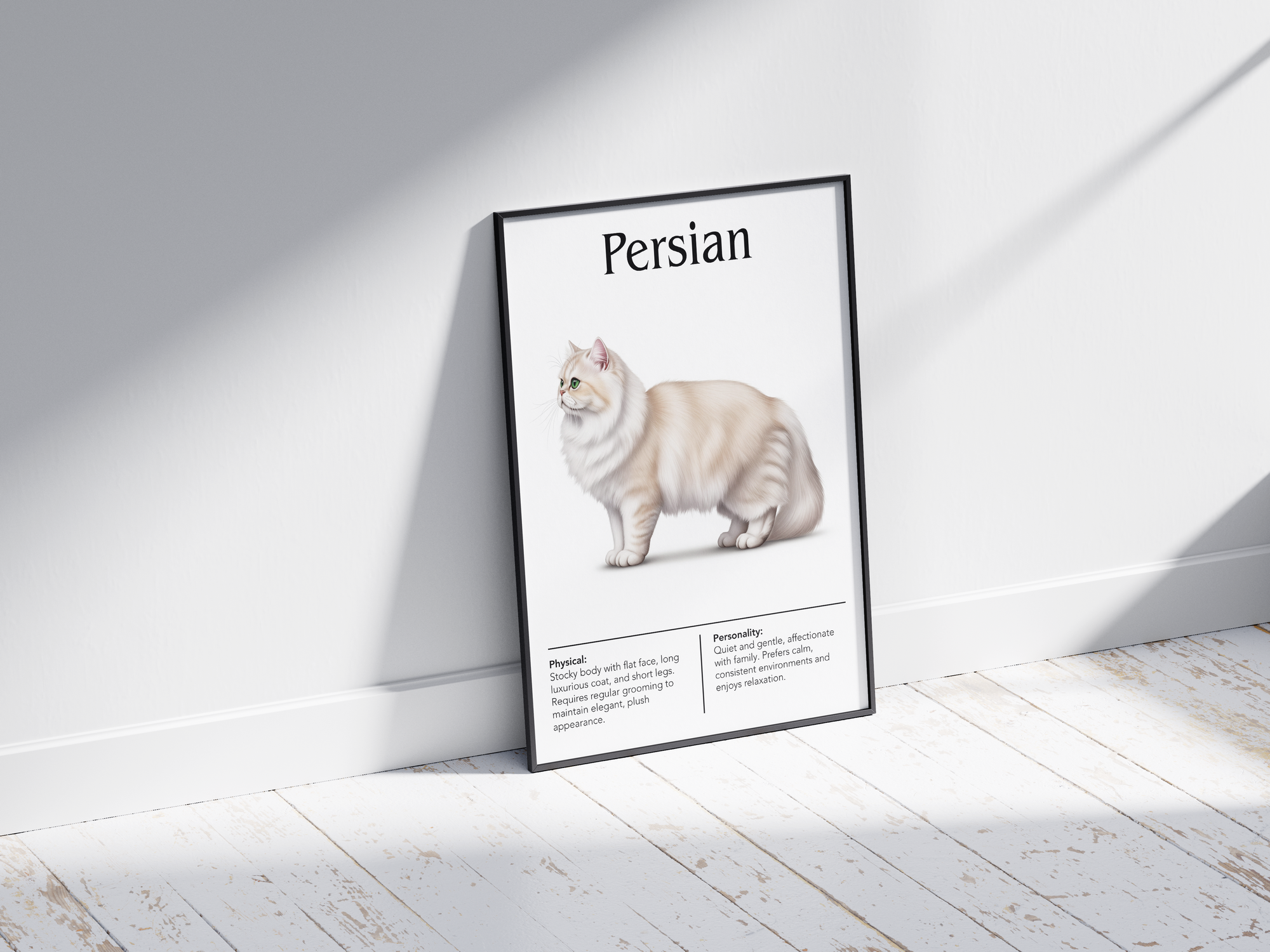 Luxurious Persian cat breed poster featuring a detailed illustration of its long, flowing coat and distinctive flat face, printed on semi-gloss sustainable paper. Perfect wall art for elegant living rooms, studies, or sophisticated interiors with a classic and serene aesthetic.