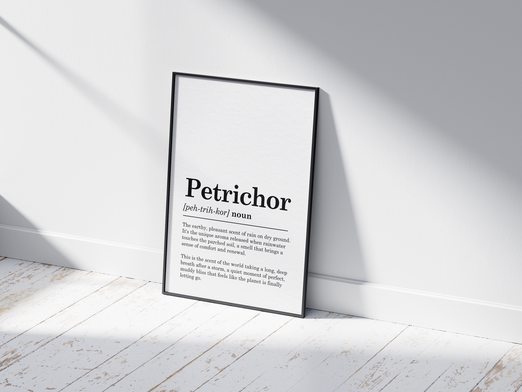 Minimalist Petrichor definition poster featuring elegant black text on a crisp white background. This evocative and soothing piece of wall art is perfect for adding a sense of calm and nature to living rooms, studies, or gallery walls with a modern or minimalist aesthetic.