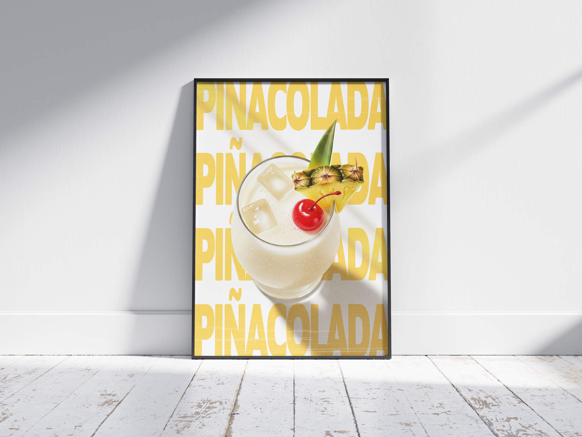 Classic Piña Colada cocktail poster featuring playful typography and a lush tropical drink illustration, printed on semi-gloss sustainable paper. Perfect wall art for kitchens, bar areas, or tropical-themed interiors with a vibrant and inviting aesthetic.