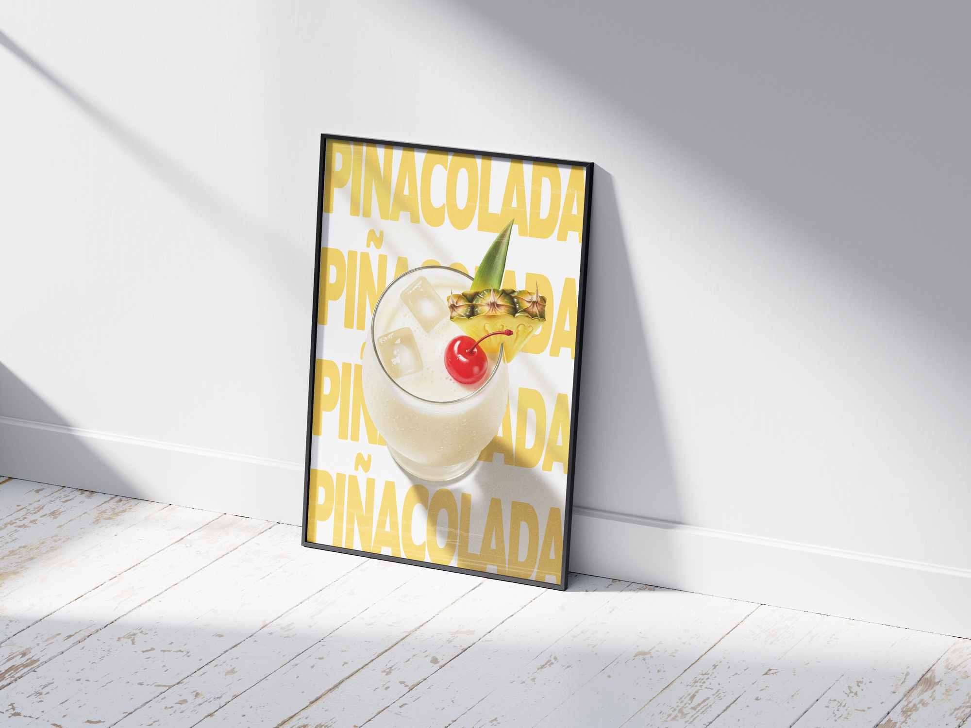 Classic Piña Colada cocktail poster featuring playful typography and a lush tropical drink illustration, printed on semi-gloss sustainable paper. Perfect wall art for kitchens, bar areas, or tropical-themed interiors with a vibrant and inviting aesthetic.