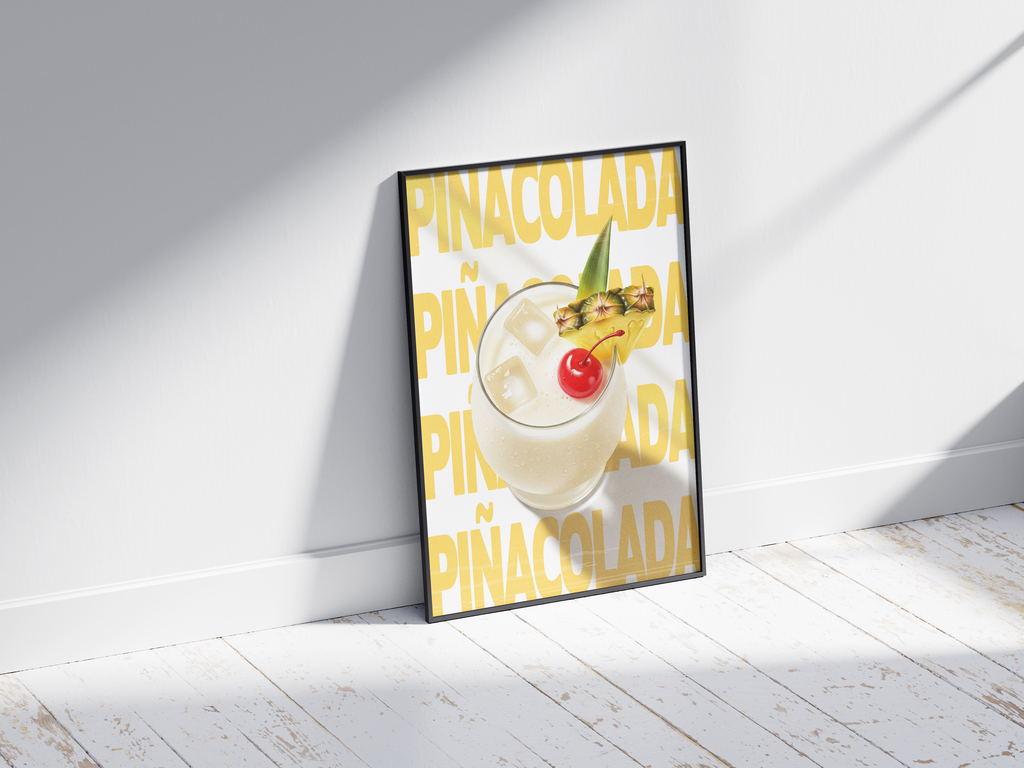 Classic Piña Colada cocktail poster featuring playful typography and a lush tropical drink illustration, printed on semi-gloss sustainable paper. Perfect wall art for kitchens, bar areas, or tropical-themed interiors with a vibrant and inviting aesthetic.