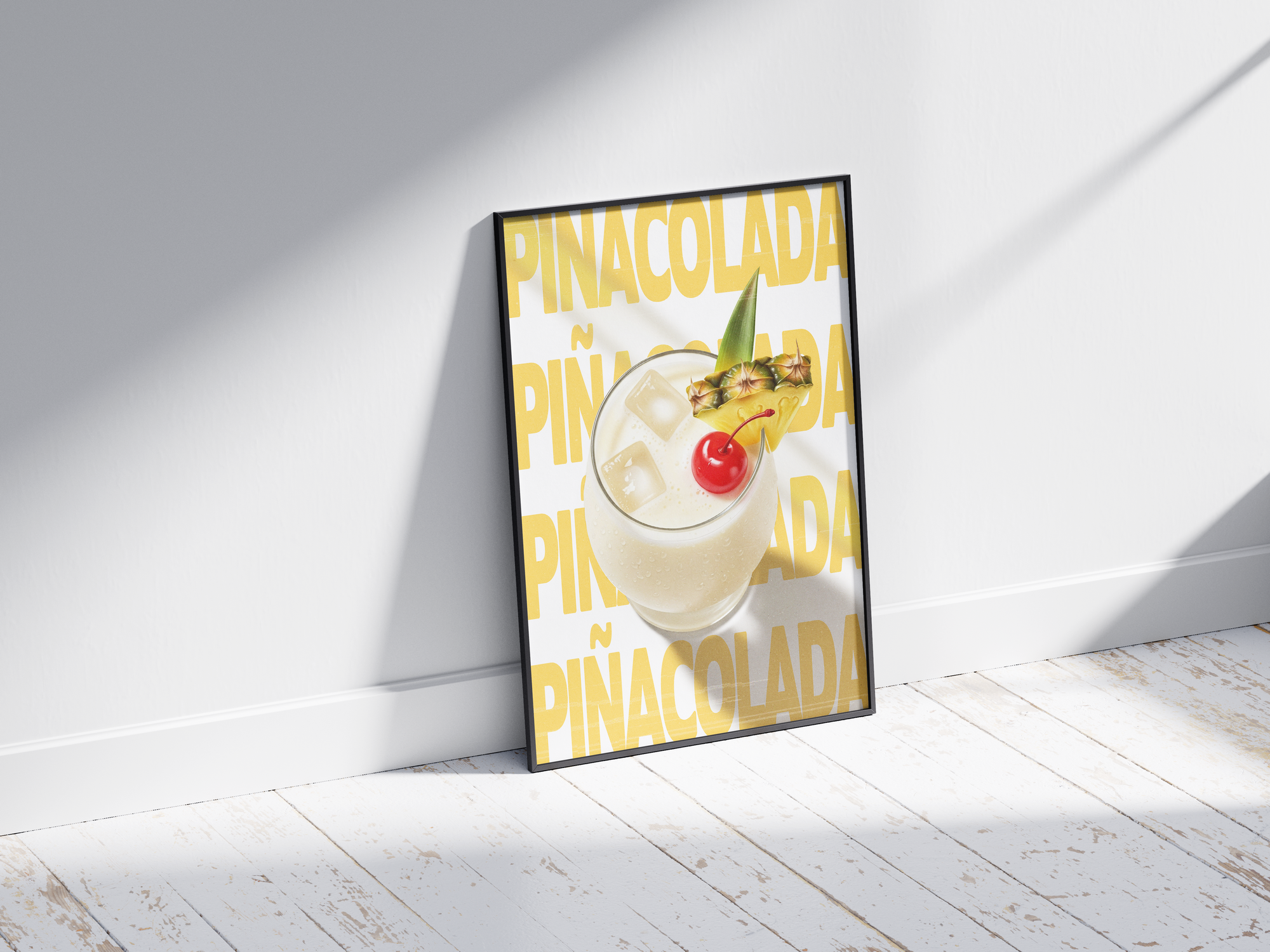 Classic Piña Colada cocktail poster featuring playful typography and a lush tropical drink illustration, printed on semi-gloss sustainable paper. Perfect wall art for kitchens, bar areas, or tropical-themed interiors with a vibrant and inviting aesthetic.