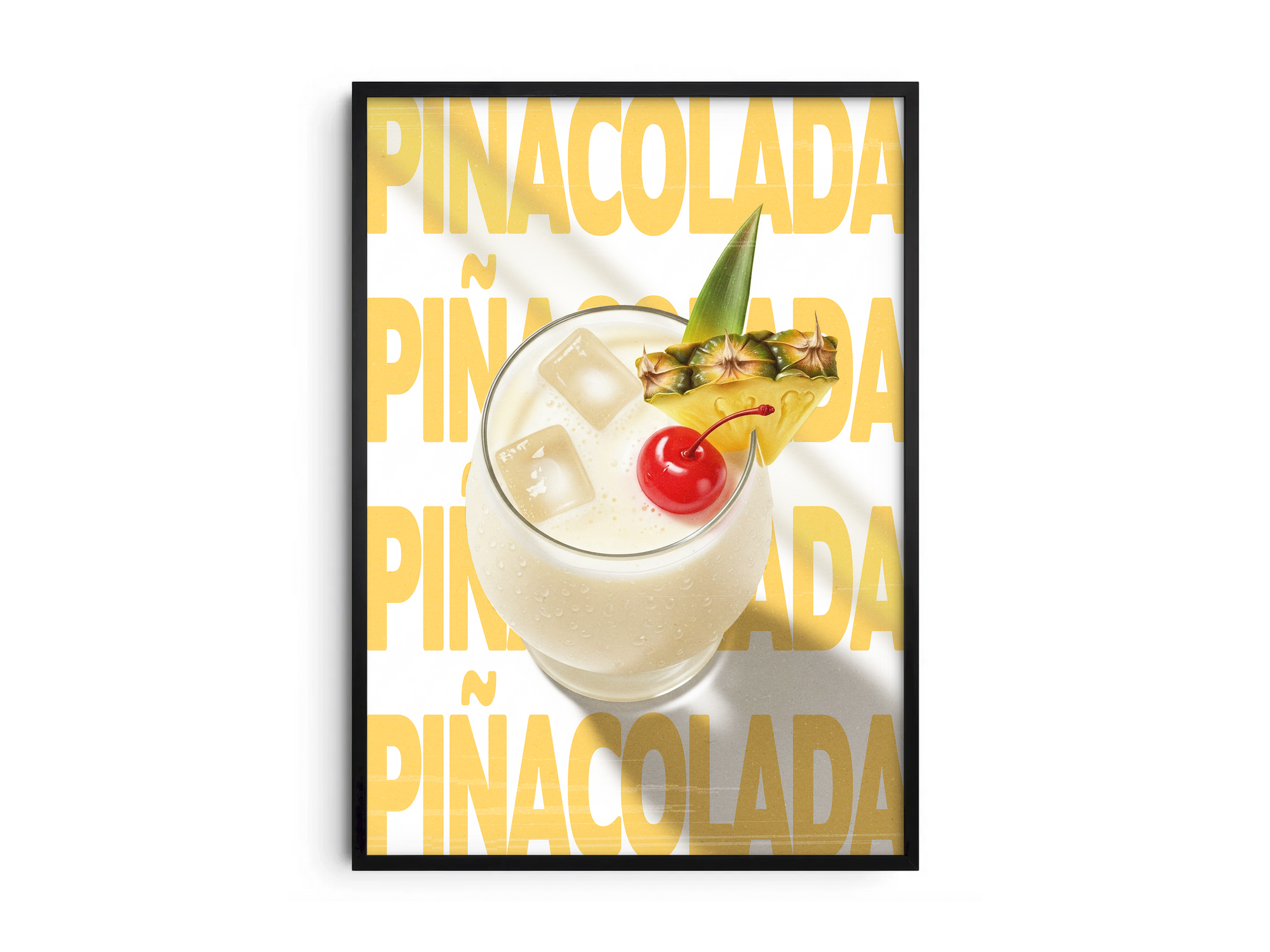 Classic Piña Colada cocktail poster featuring playful typography and a lush tropical drink illustration, printed on semi-gloss sustainable paper. Perfect wall art for kitchens, bar areas, or tropical-themed interiors with a vibrant and inviting aesthetic.