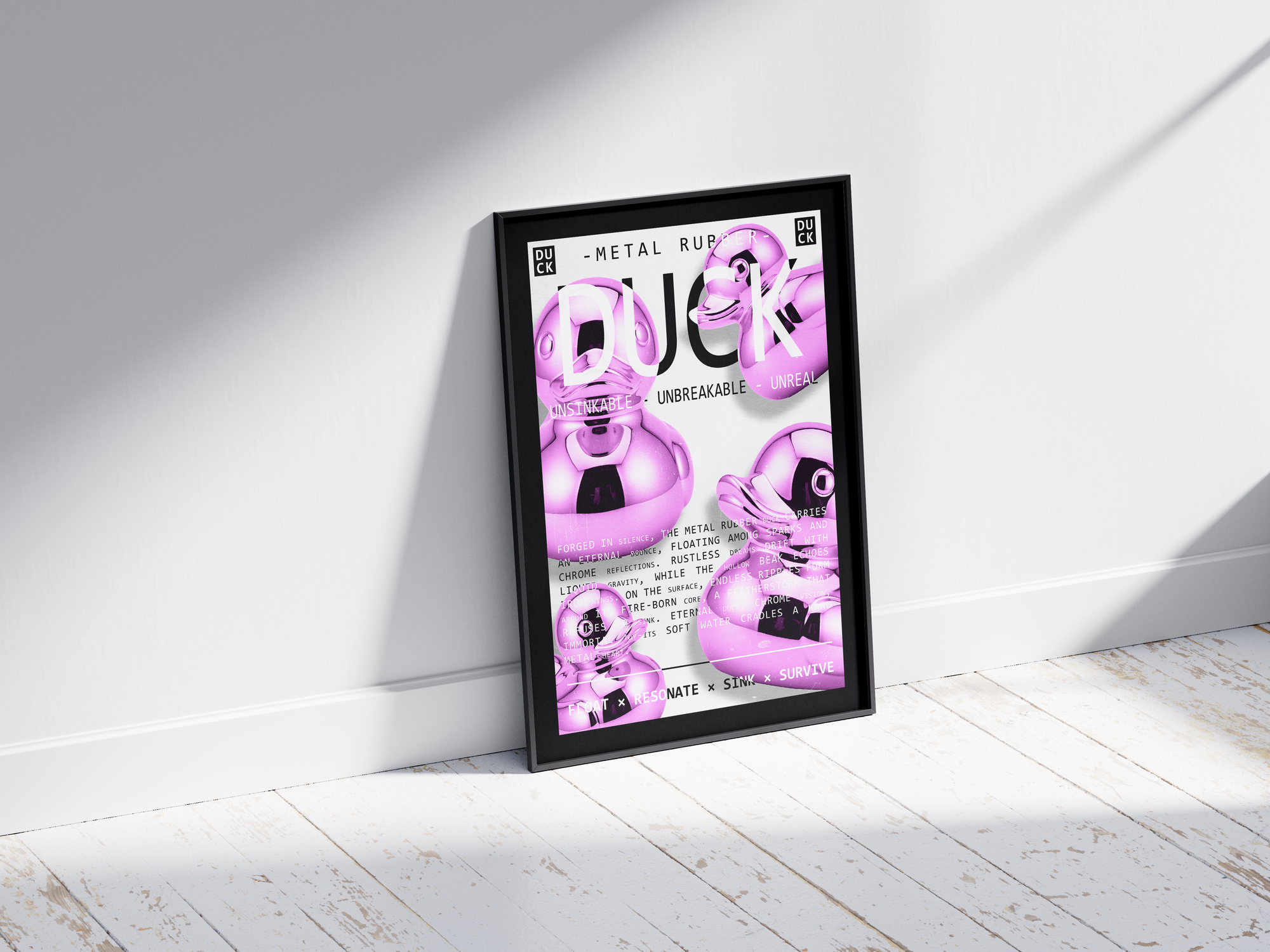 Vibrant metallic rubber duck poster featuring a glossy and reflective illustration in various colors. This modern pop art print is perfect for adding a bold and playful statement to living rooms, offices, or minimalist interiors.