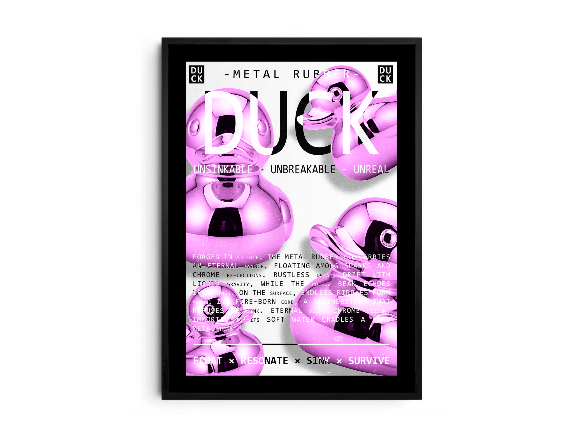 Vibrant metallic rubber duck poster featuring a glossy and reflective illustration in various colors. This modern pop art print is perfect for adding a bold and playful statement to living rooms, offices, or minimalist interiors.
