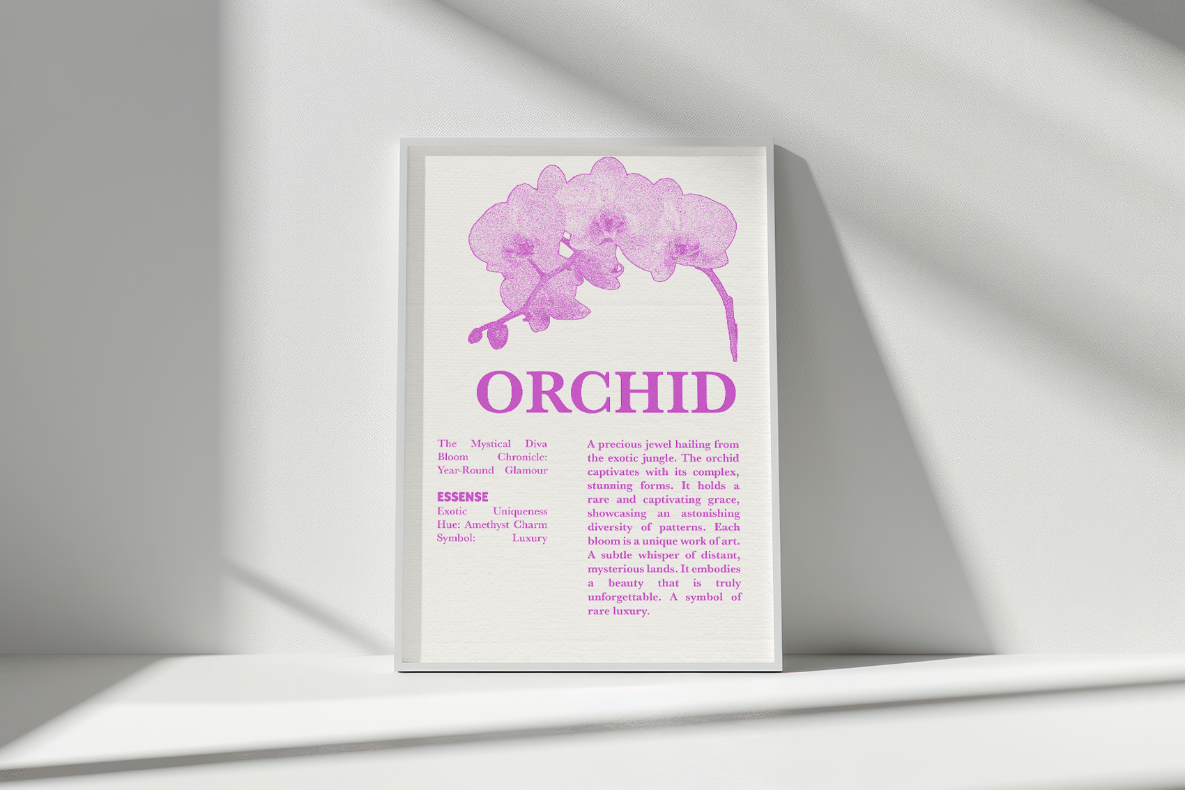 A white-framed poster featuring a light purple, stipple-style illustration of an orchid, the title "ORCHID," and text describing its exotic symbolism, leaning against a white wall with soft light and shadow.