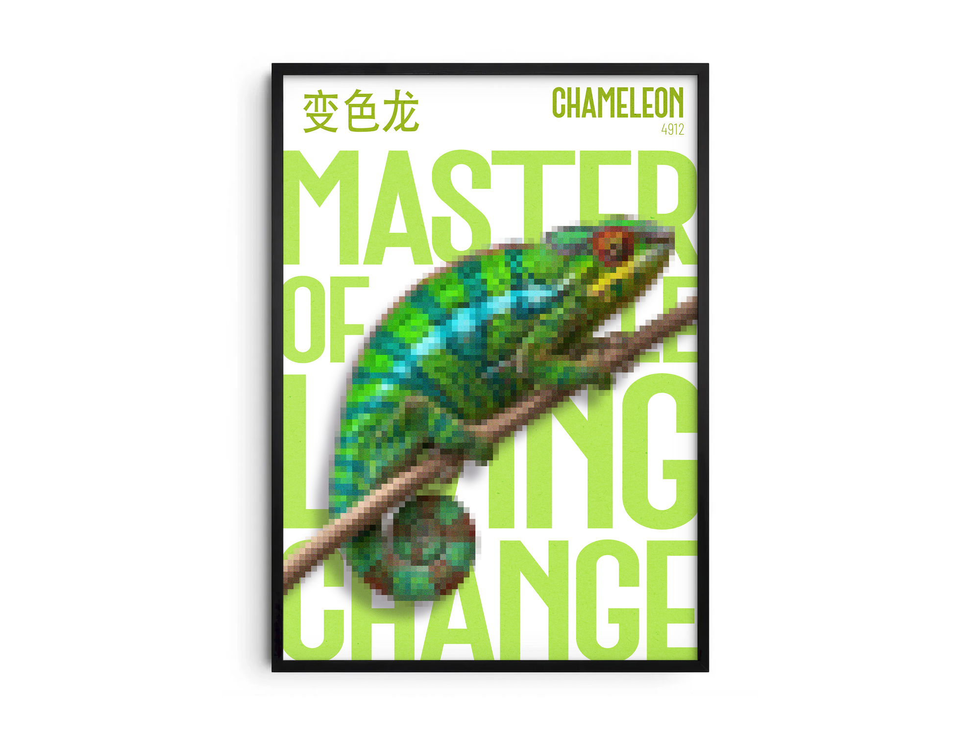 Vibrant, pixelated chameleon art poster in bright green and blue with bold lime-green text "MASTER OF LIVING CHANGE" and Chinese characters. Modern wall art perfect for a bedroom, office, or colorful contemporary interior.