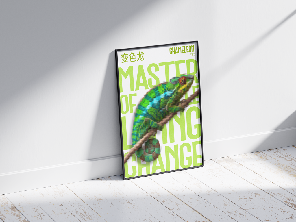 Vibrant, pixelated chameleon art poster in bright green and blue with bold lime-green text "MASTER OF LIVING CHANGE" and Chinese characters. Modern wall art perfect for a bedroom, office, or colorful contemporary interior.