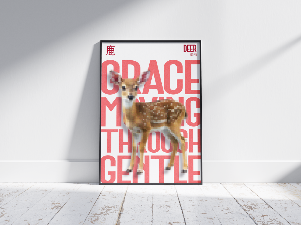 Elegant, pixelated deer art poster in soft brown tones with bold coral-red text "GRACE MOVING THROUGH GENTLE" and Chinese character. Modern wall art perfect for a nursery, living room, or minimalist, nature-inspired interior.