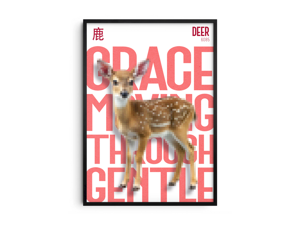 Elegant, pixelated deer art poster in soft brown tones with bold coral-red text "GRACE MOVING THROUGH GENTLE" and Chinese character. Modern wall art perfect for a nursery, living room, or minimalist, nature-inspired interior.