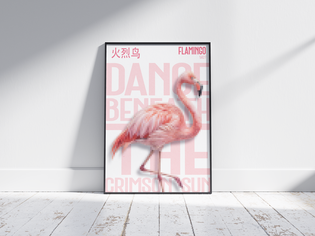 Stunning, pixelated flamingo art poster in soft pink with pale blush text "DANCE BENEATH THE CRIMSON SUN" and Chinese characters. Modern, tropical wall art perfect for a bedroom, dressing room, or glamorous interior.