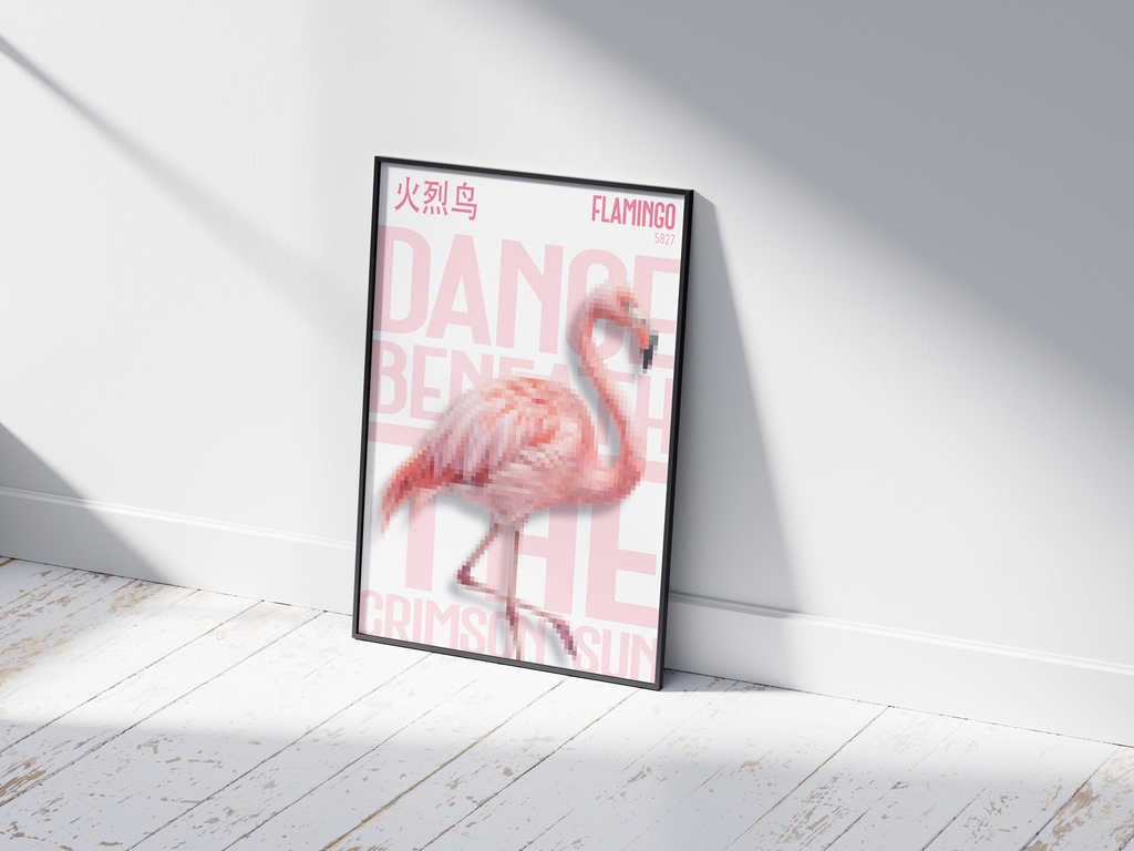 Stunning, pixelated flamingo art poster in soft pink with pale blush text "DANCE BENEATH THE CRIMSON SUN" and Chinese characters. Modern, tropical wall art perfect for a bedroom, dressing room, or glamorous interior.