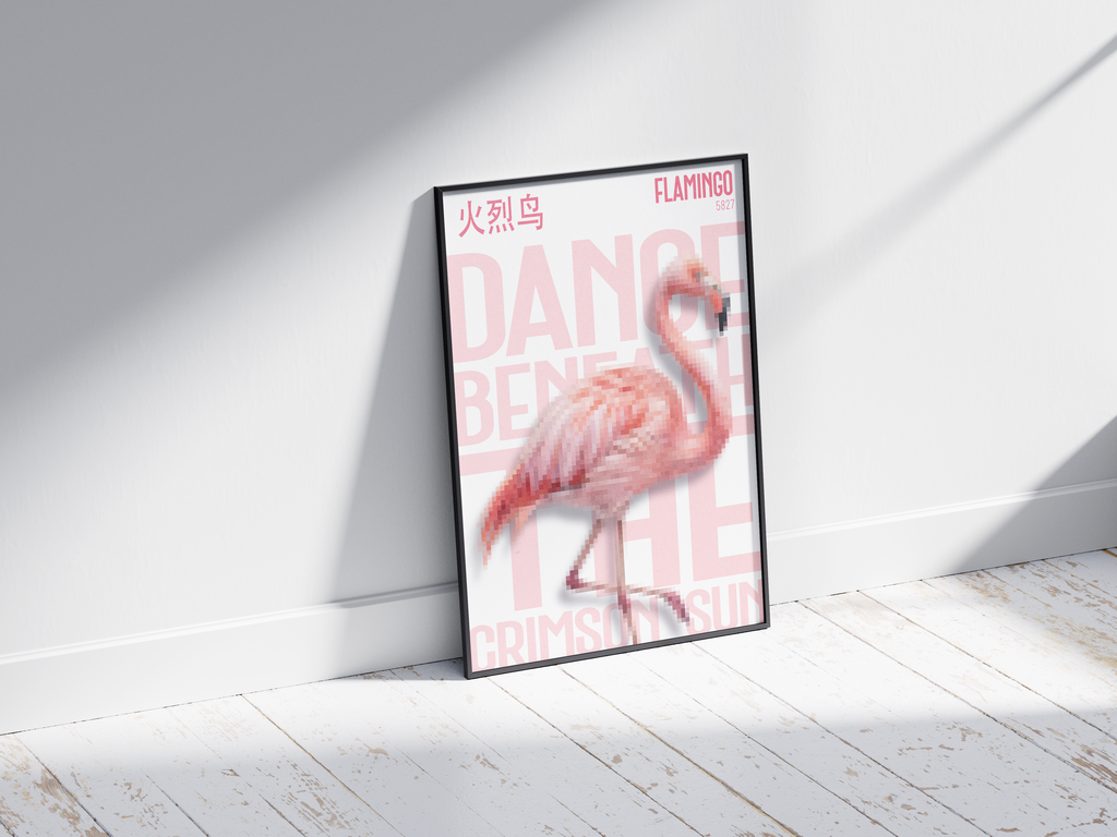 Stunning, pixelated flamingo art poster in soft pink with pale blush text "DANCE BENEATH THE CRIMSON SUN" and Chinese characters. Modern, tropical wall art perfect for a bedroom, dressing room, or glamorous interior.