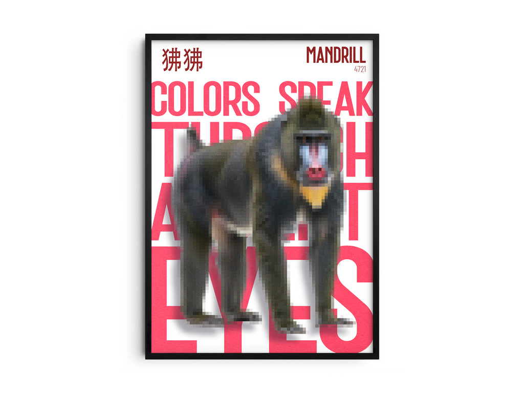 Bold, pixelated mandrill art poster with vibrant facial colors and striking crimson-red text "COLORS SPEAK THROUGH ITS EYES" and Chinese characters. Modern wall art perfect for a study, living room, or eclectic, graphic-inspired interior.
