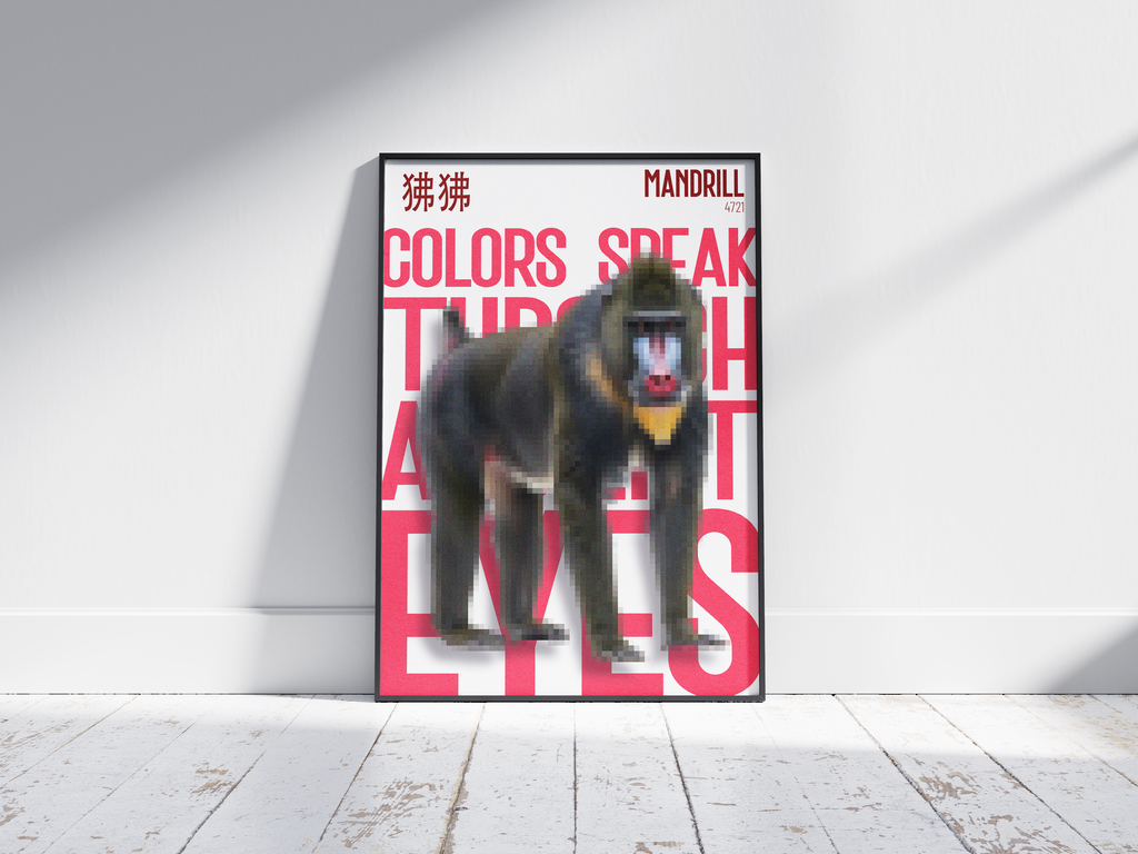 Bold, pixelated mandrill art poster with vibrant facial colors and striking crimson-red text "COLORS SPEAK THROUGH ITS EYES" and Chinese characters. Modern wall art perfect for a study, living room, or eclectic, graphic-inspired interior.